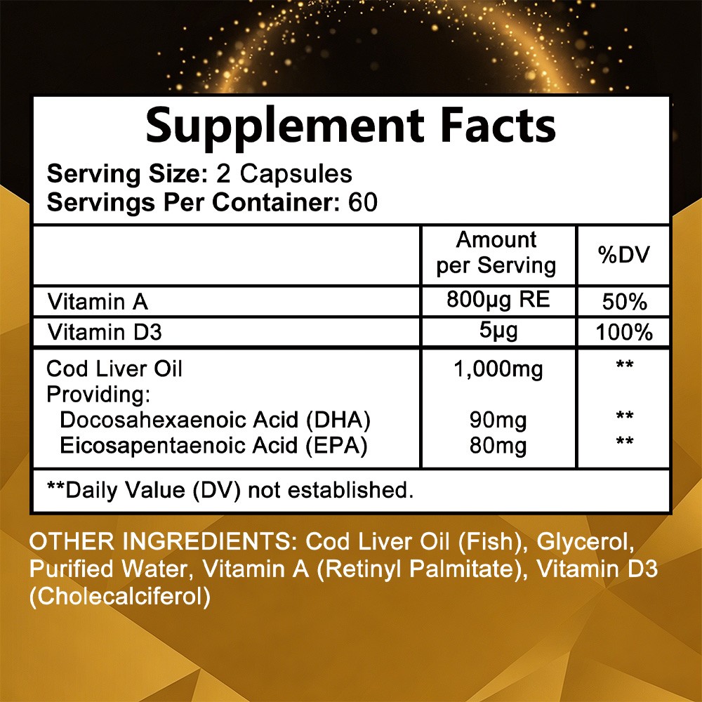 Cod Liver Oil 120 Caps with Omega-3, Vitamin A & D3,Nourish Eyes, Heart & Immune