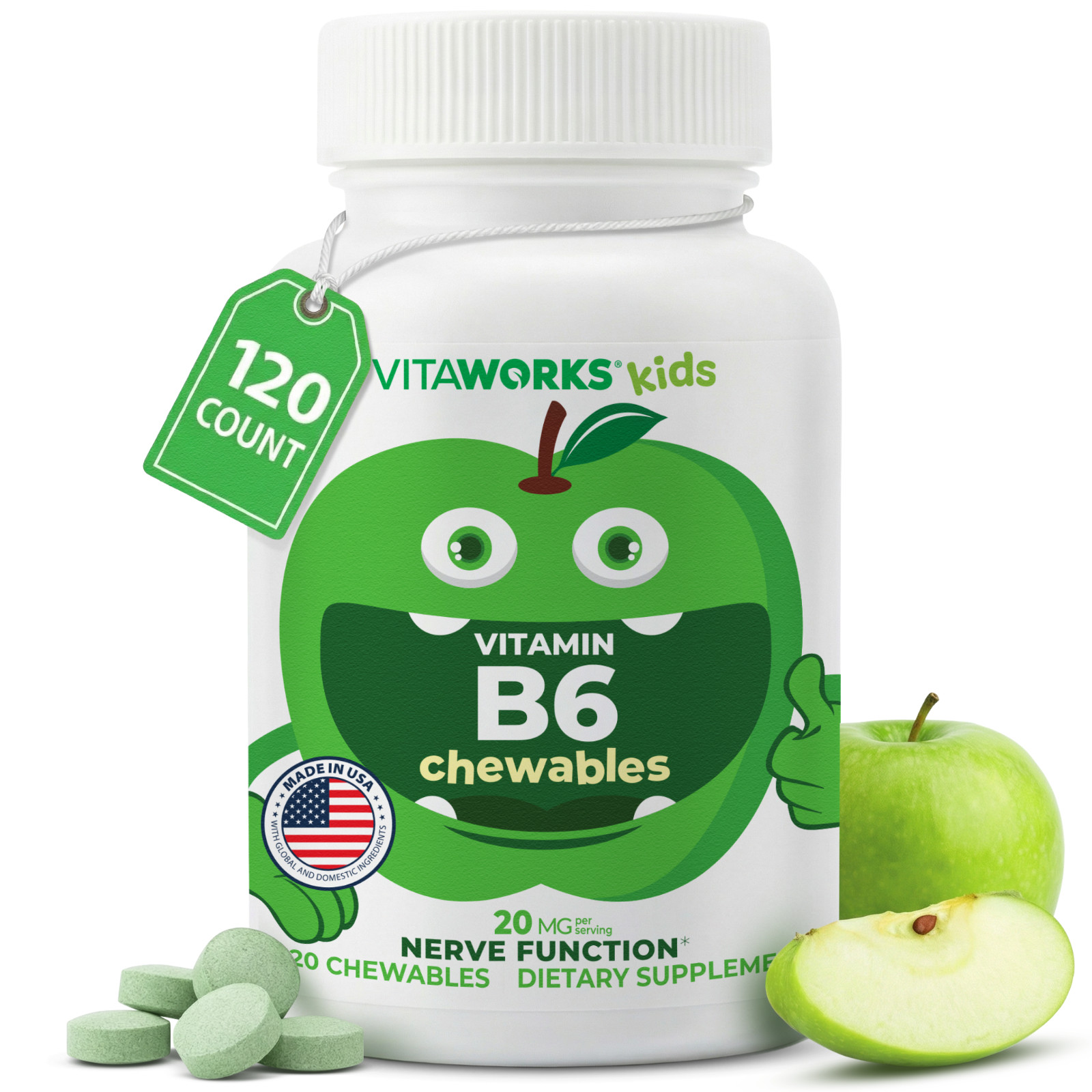 VitaWorks Kids Vitamin B6 20mg – Vegan – Great Tasting – 120 Chewable Tablets