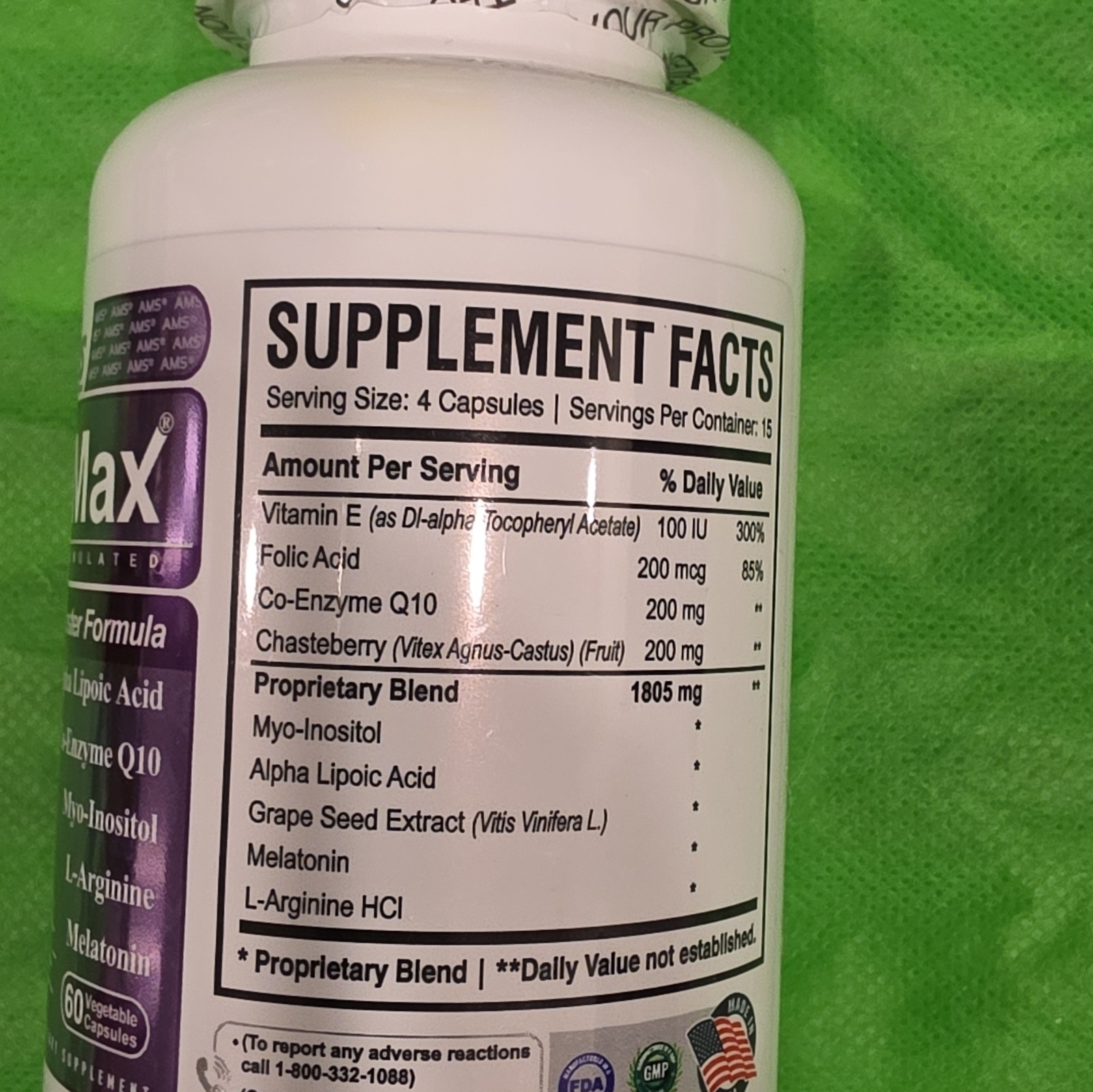 AMS Ova-Max Booster Formula Vitamin E Folic Acid CoQ10 60 Vegetarian Capsules