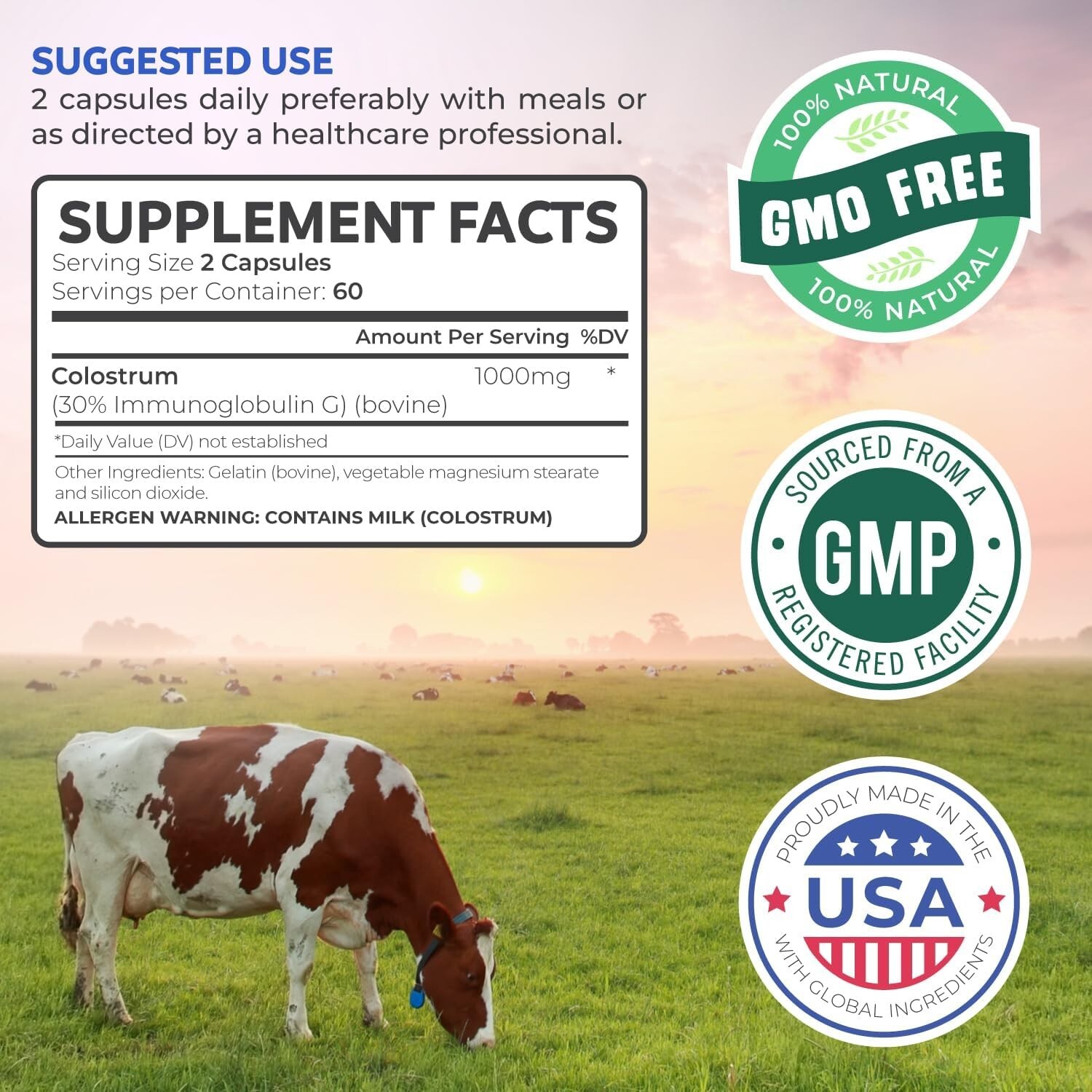 Health’s Harmony Colostrum 1,000mg Non-GMO 30% IgG Immunoglobulins Immune 120ct
