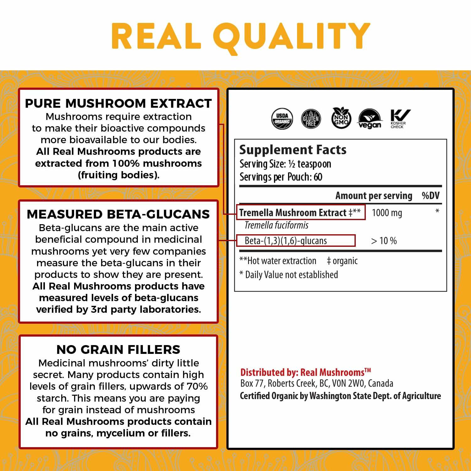 Real Mushrooms Organic Tremella Extract Rejuvenation Pure Vegan 2.12 oz NEW