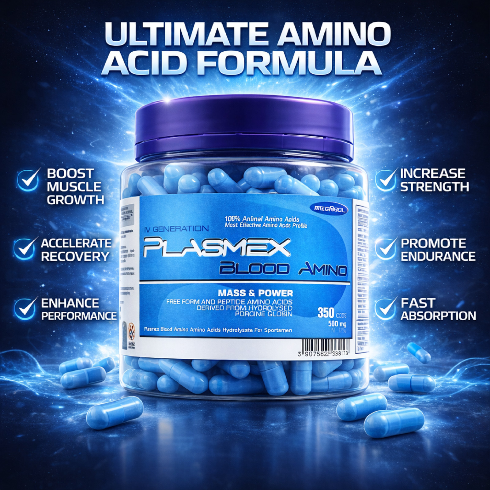 Plasmex 350Caps. Animal Full Spectrum Amino Acids BCAA Protein Pills Muscle Gain