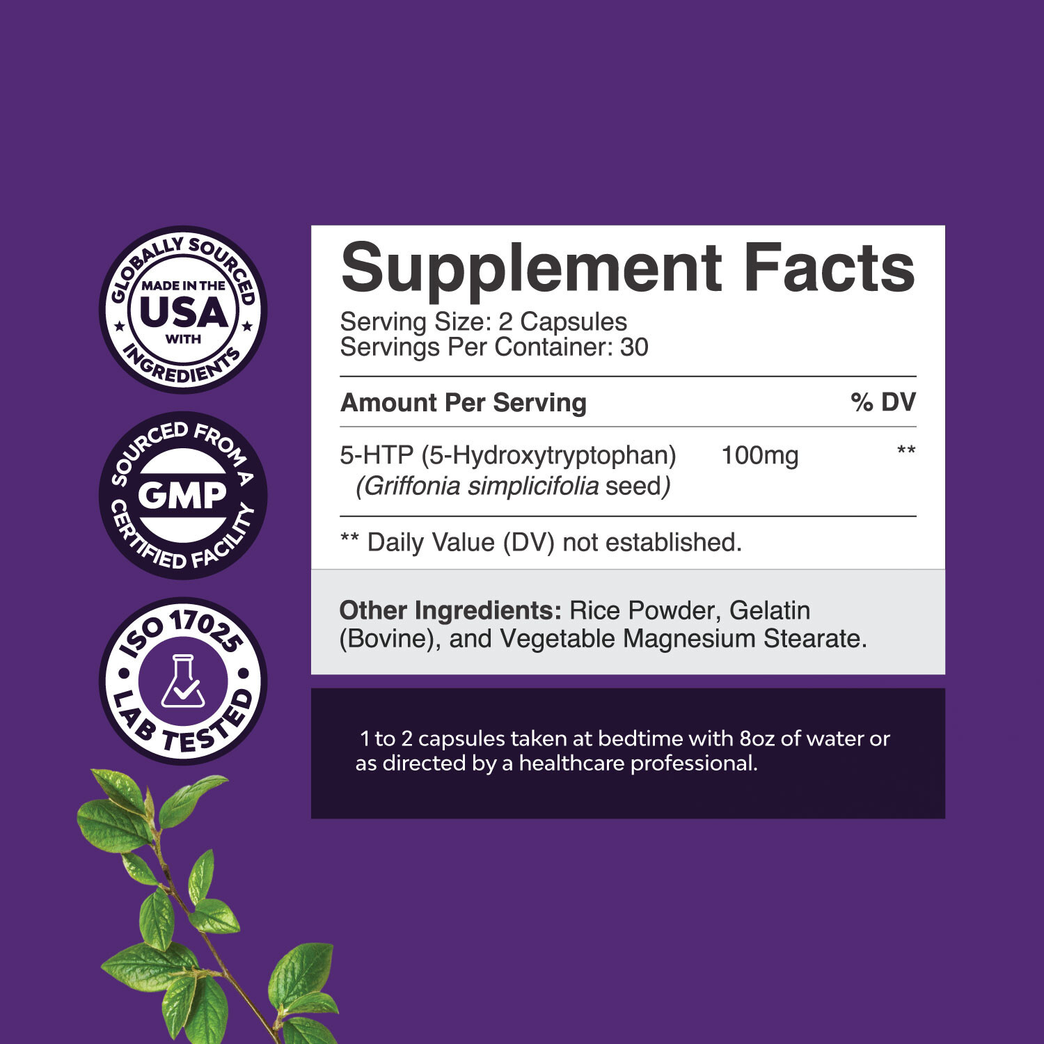 5HTP Supplement 5-Hydroxytryptophan – 5HTP 100mg per Serving Gentle Herbal Sleep