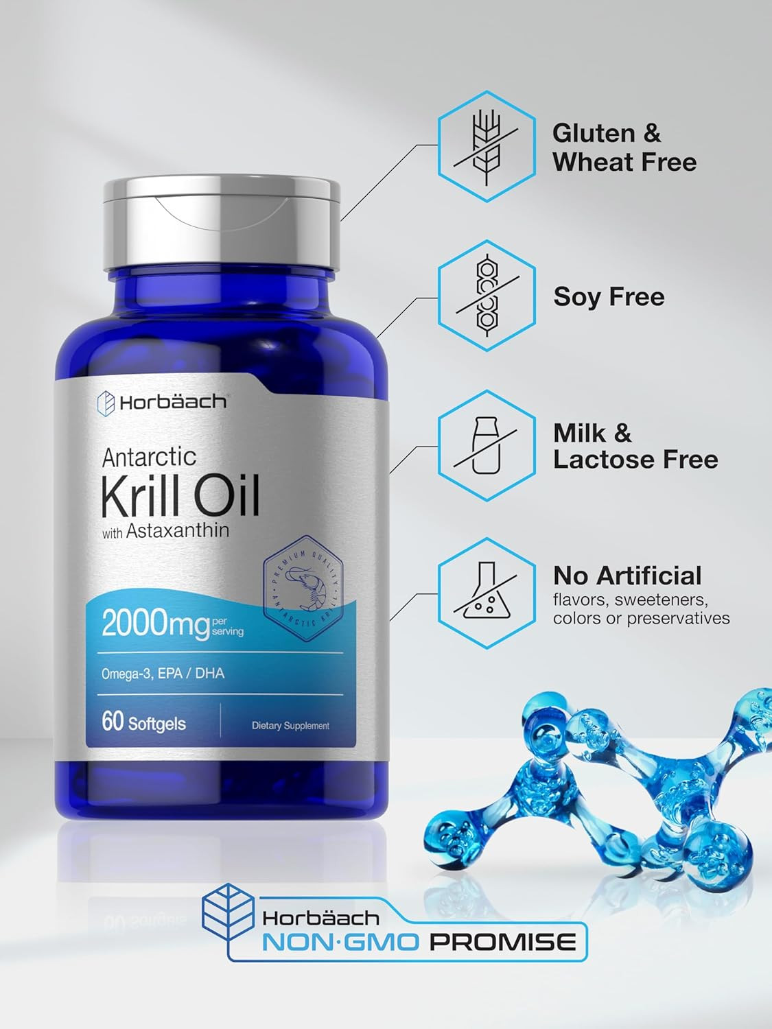 Horbäach Antarctic Krill Oil 2000Mg | 60 Softgel Capsules | Omega-3, EPA, DHA Su