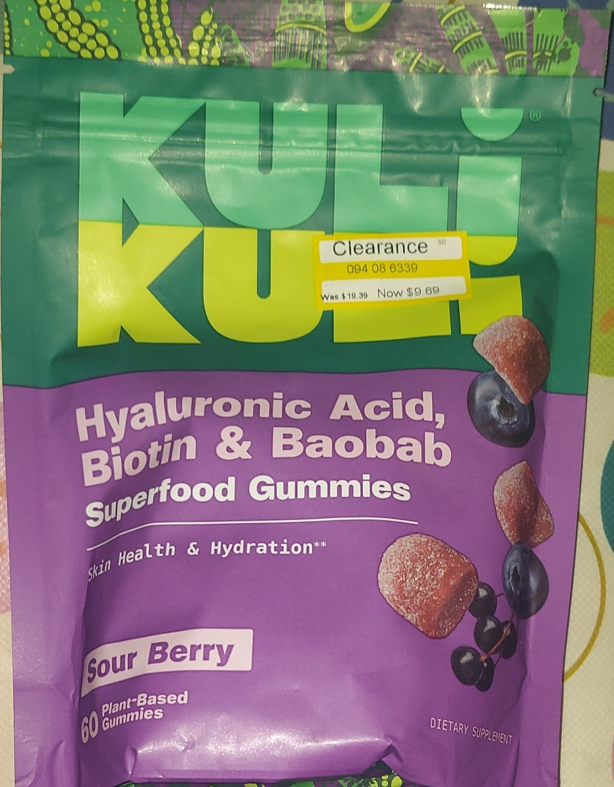 Kuli Kuli Hyaluronic Acid Biotin Baobab Gummies 60ct Sour Berry Plant-Based