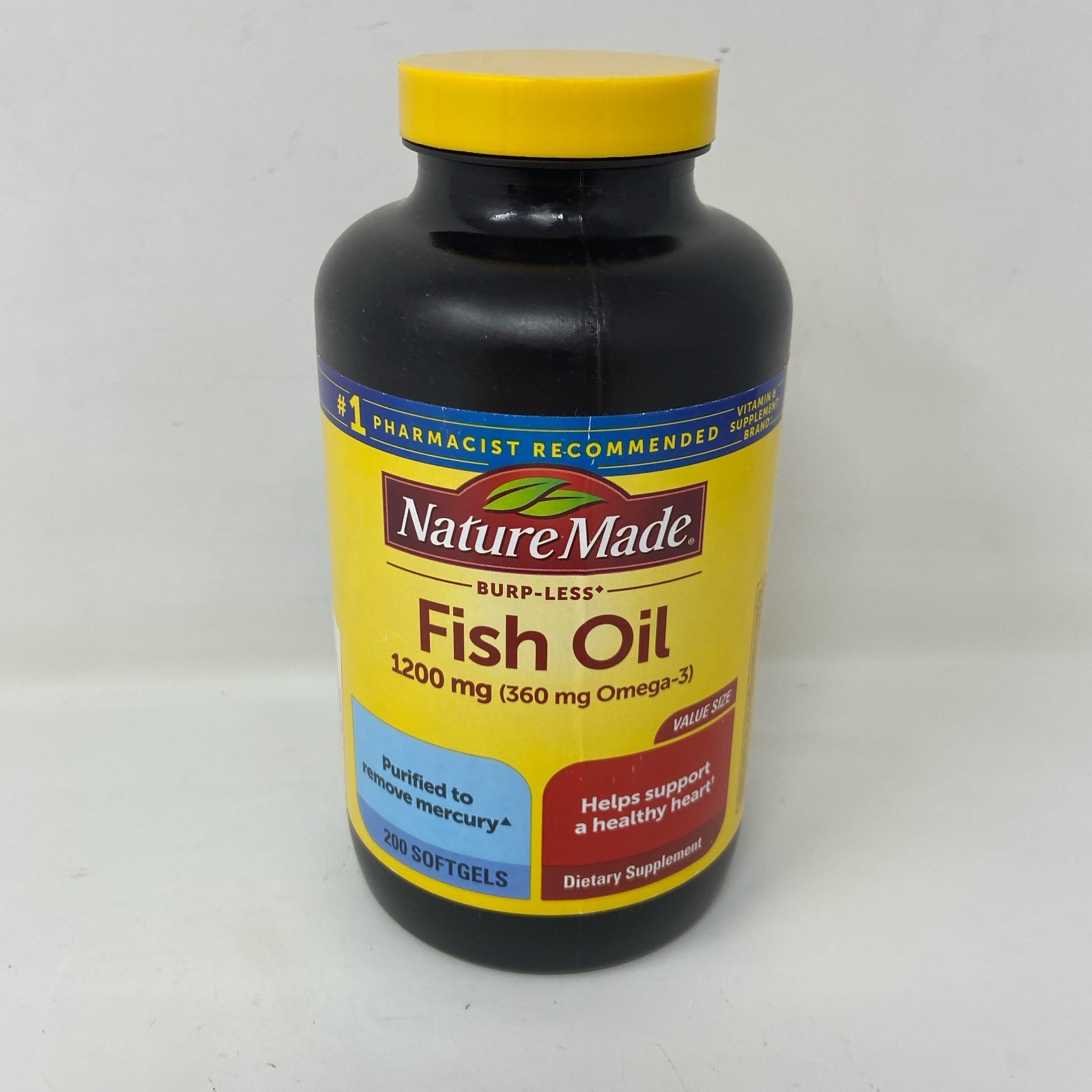 Nature Made Burp-Less Fish Oil 1200mg 200 Softgels Yellow/Black Bottle