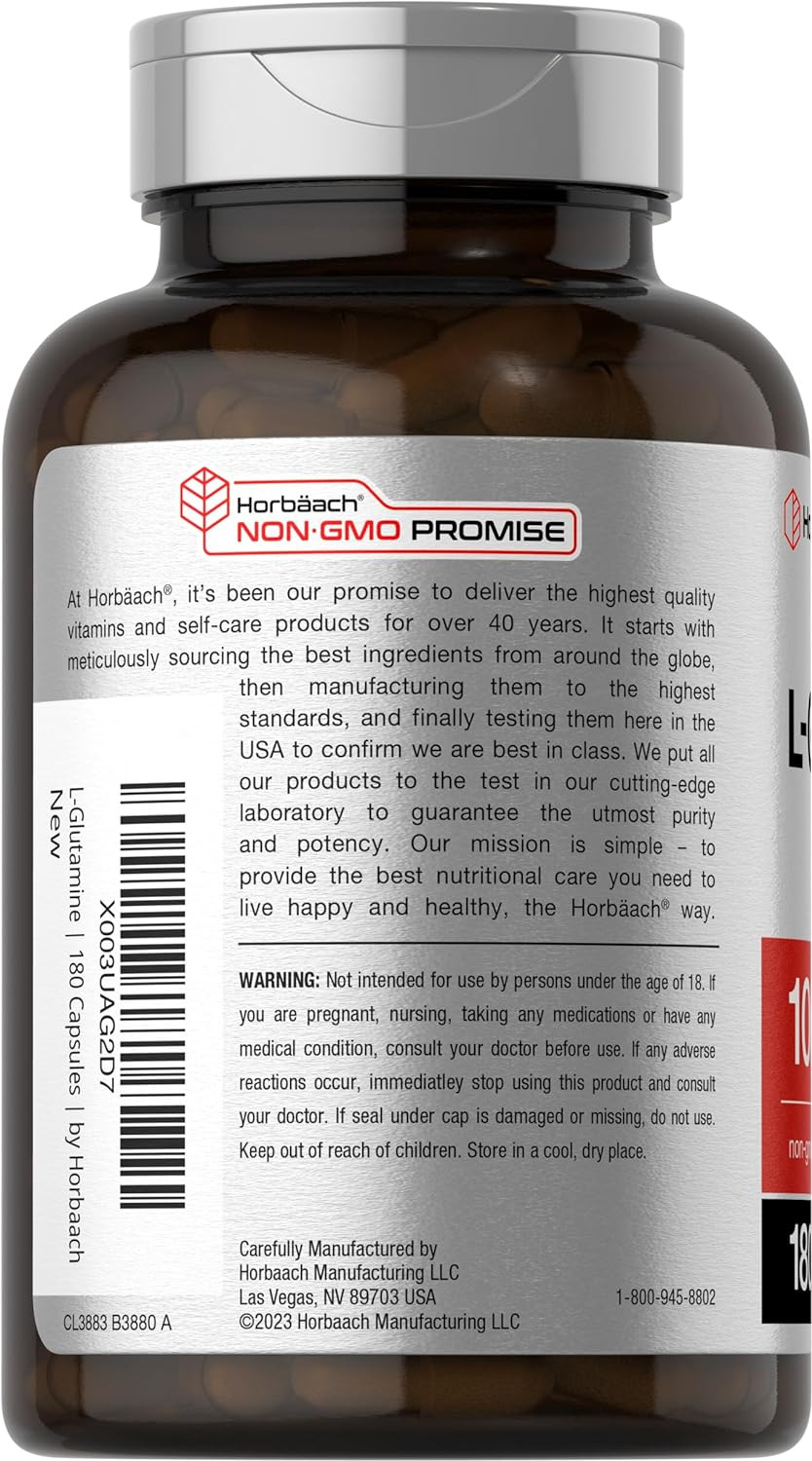 L-Glutamine Capsules 1000mg, 180 Count, Pre and Post Workout Supplement Horbaach