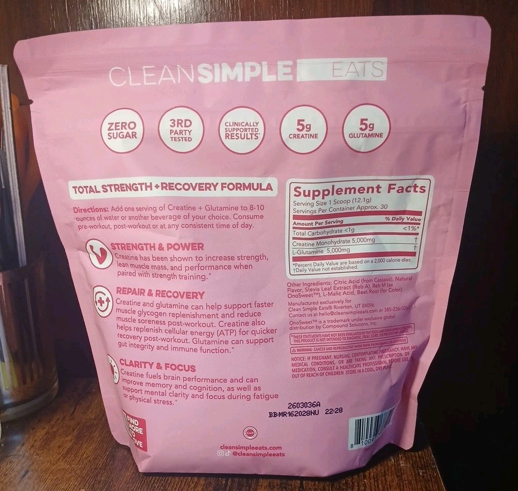 Clean Simple Eats Creatine + Glutamine Pink Burst Supplement Powder 30 Servings