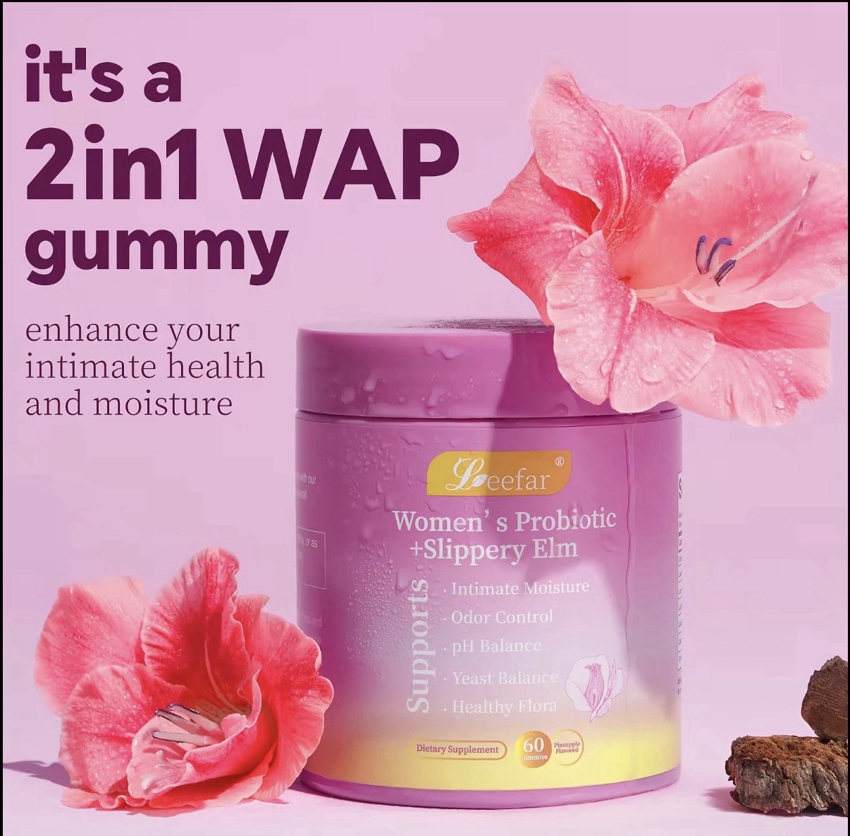 Leefar Women’s Probiotic + Slippery Elm Pineapple Gummies 60ct