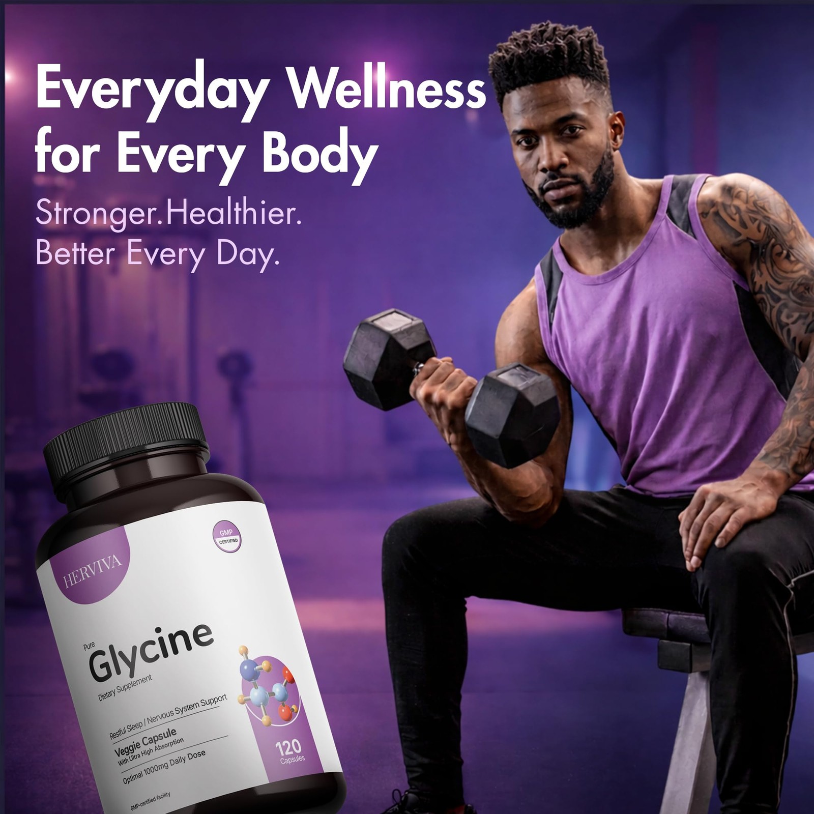 HERVIVA Glycine Supplement 1000 mg per Serving (2 120 Count (Pack of 1)