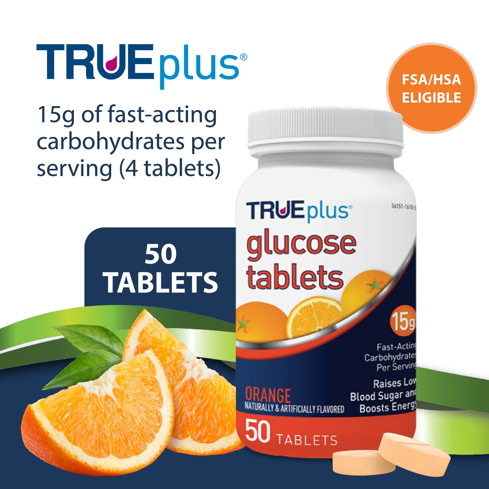 Trueplus Glucose Tablets Blood Pressure & Energy Support Orange 50 ct Pack of 6