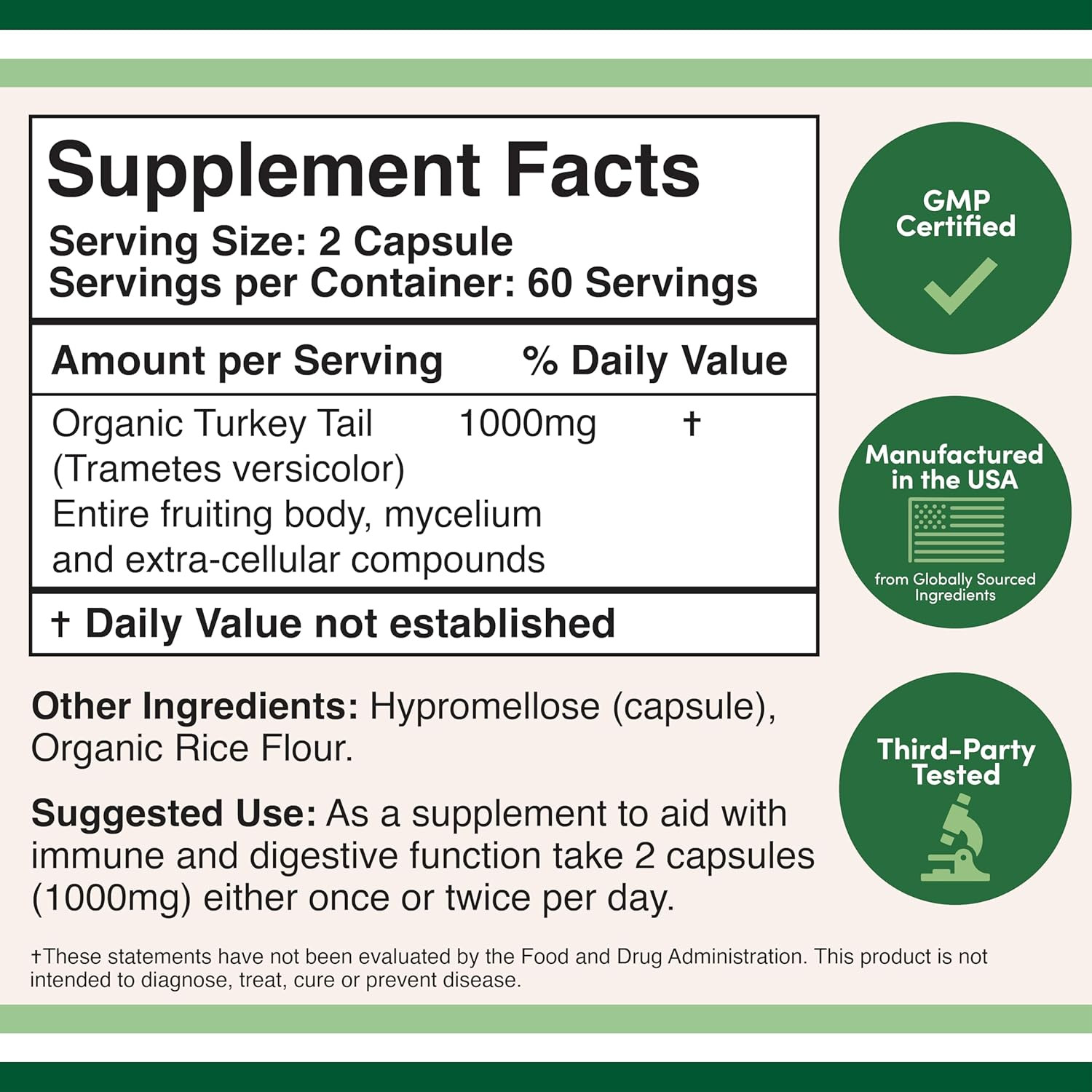 Turkey Tail Mushroom Supplement (120 Capsules – 2 Month Supply) (Coriolus Versic