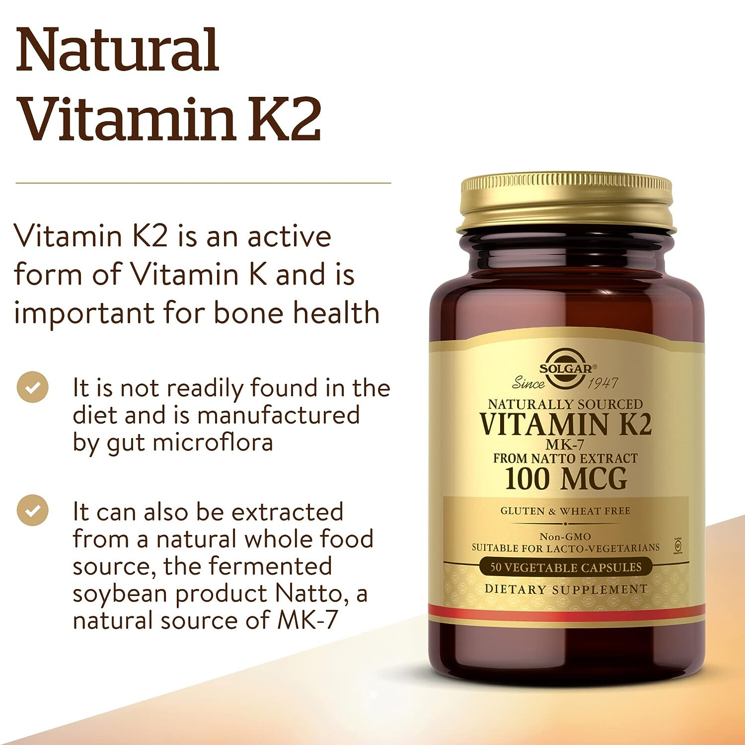Solgar Natural Vitamin K2 (MK-7) 100 mcg, 50 Vegetable Capsules
