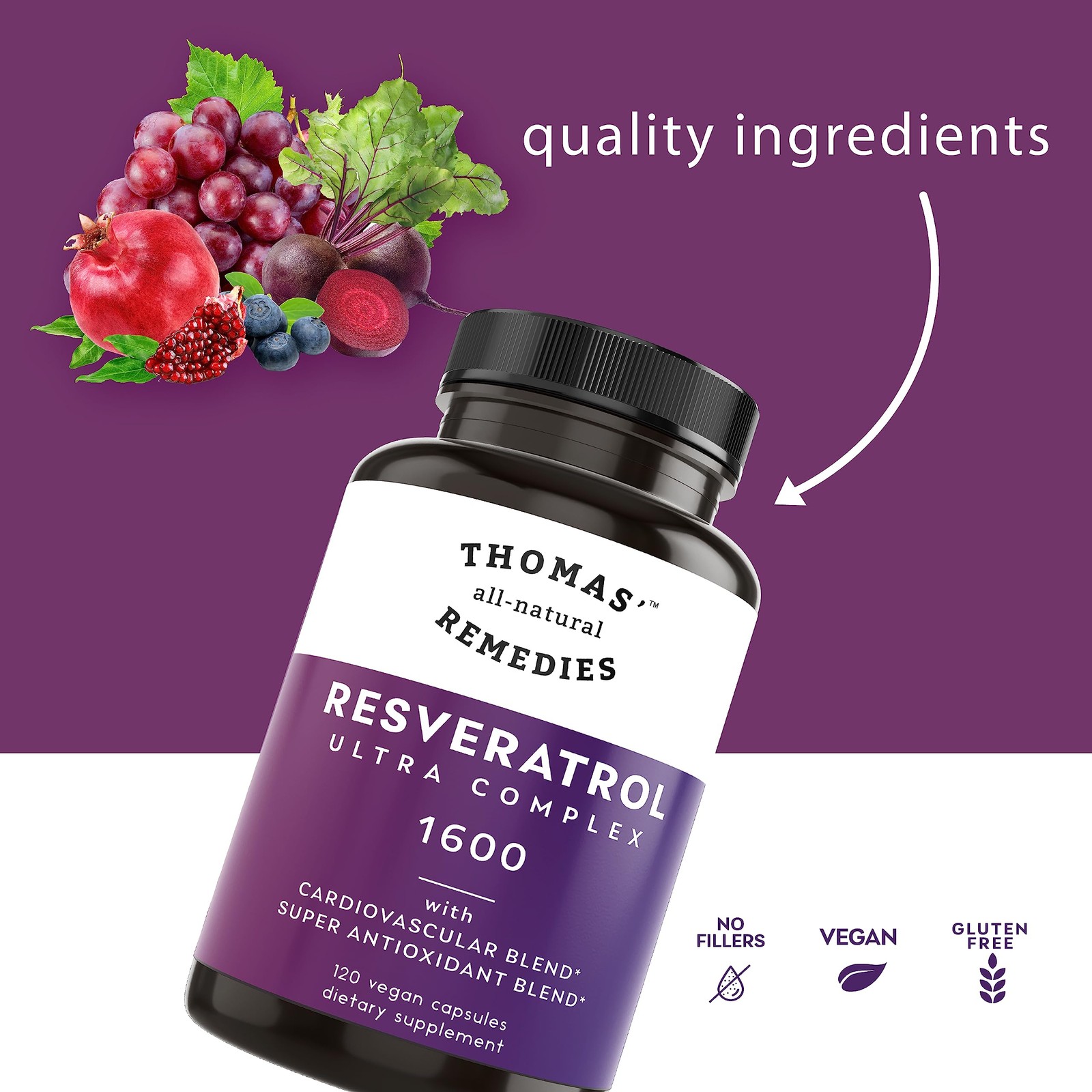 Thomas’ all-natural Remedies Resveratrol 1600mg Organic 120 Count (Pack of 1)