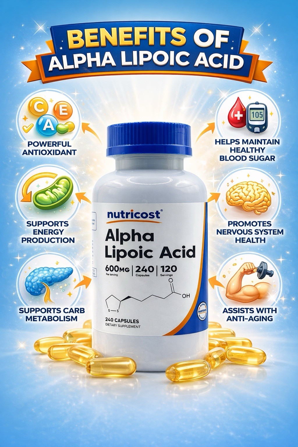 Nutricost Alpha Lipoic Acid 600mg ALA 240 Capsules 120 Servings Vegan