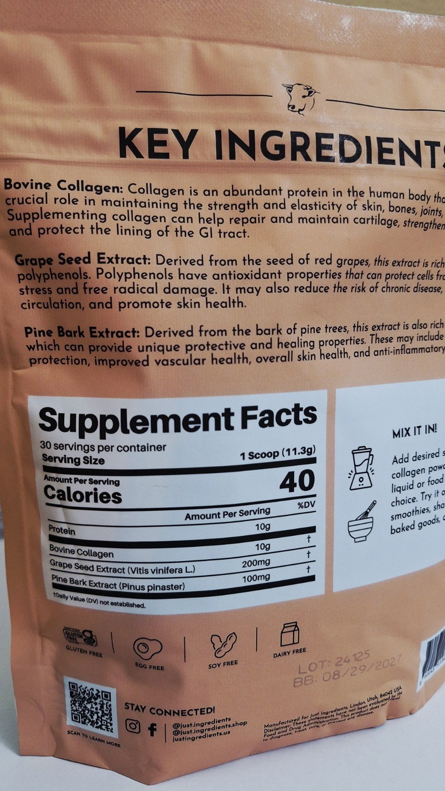Just Ingredients Collagen Peptides, 2 Bags, 30 Serv, 10g Collagen Pro, 08/2027✨