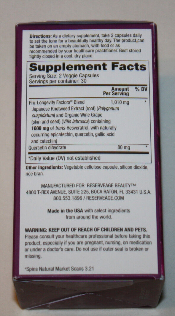 Reserveage Resveratrol 1000 mg Dietary Supplement – 60 Capsules Exp 08/27 NEW