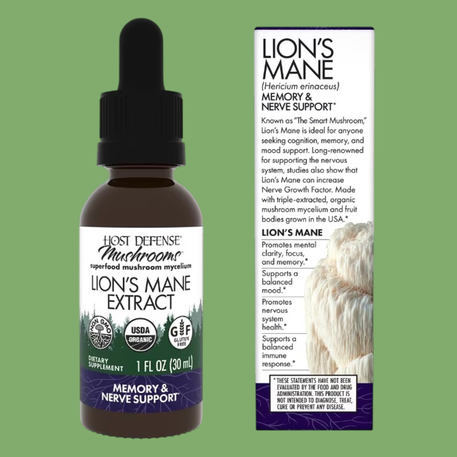 HOST DEFENSE Lion’s Mane Extract 1oz Organic Memory & Nerve Support Vegan. NEW!!