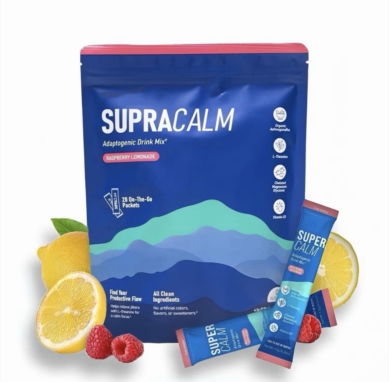SUPRACALM Adaptogenic Drink Mix Raspberry Lemonade 20 Packets Ashwagandha