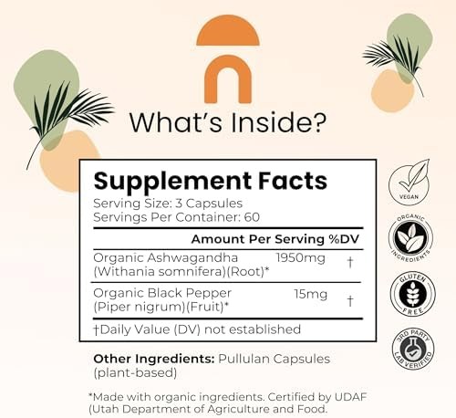 Organic Ashwagandha Root Capsules 1950mg Stress Mood Sleep Aid