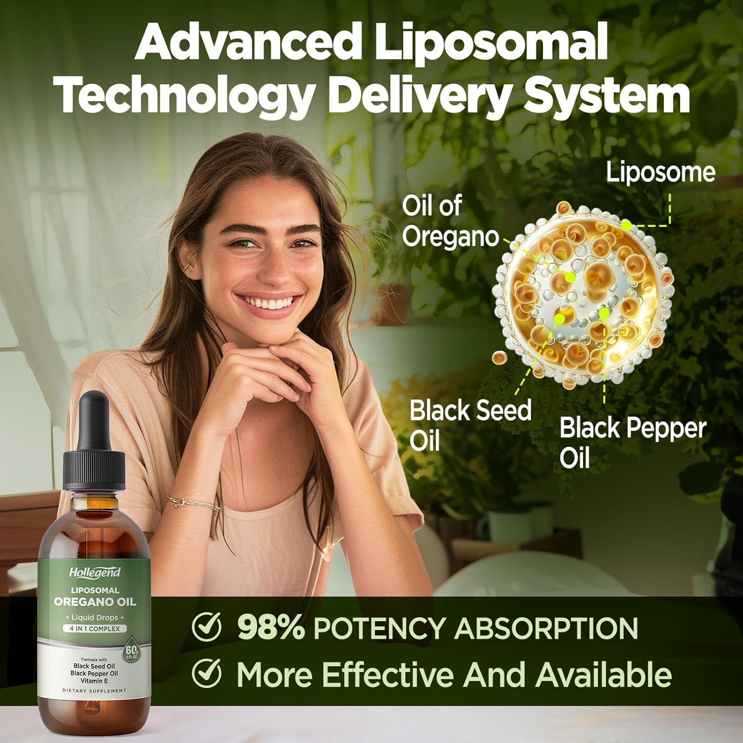 HOLLEGEND Liposomal Oregano Oil Liquid Drops, Organic Oil of Oregano Carvacrol