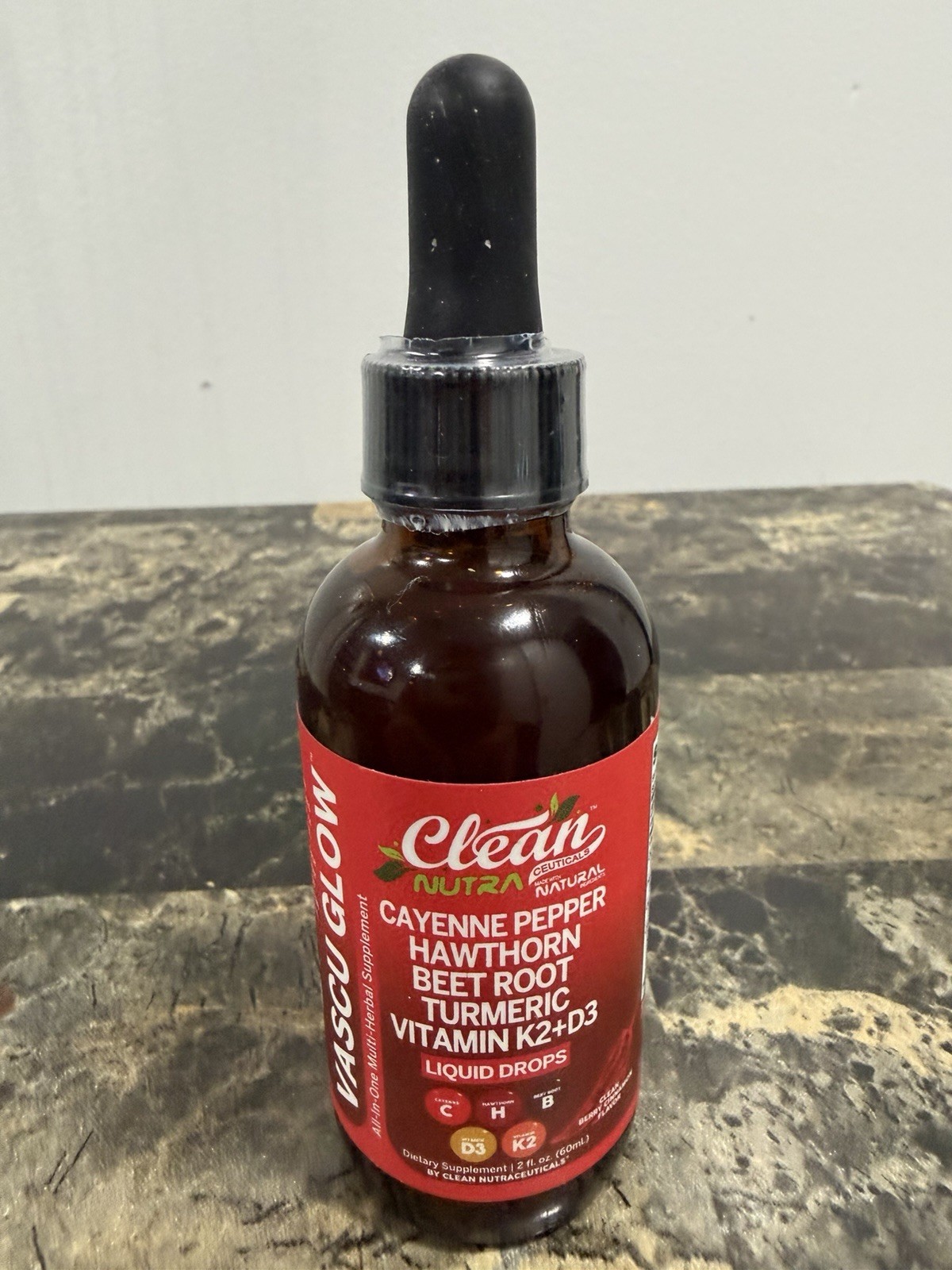 Clean Nutra Vascu Glow Liquid Drops Vitamin D3 K2 Cayenne Hawthorn Beet 2 fl oz