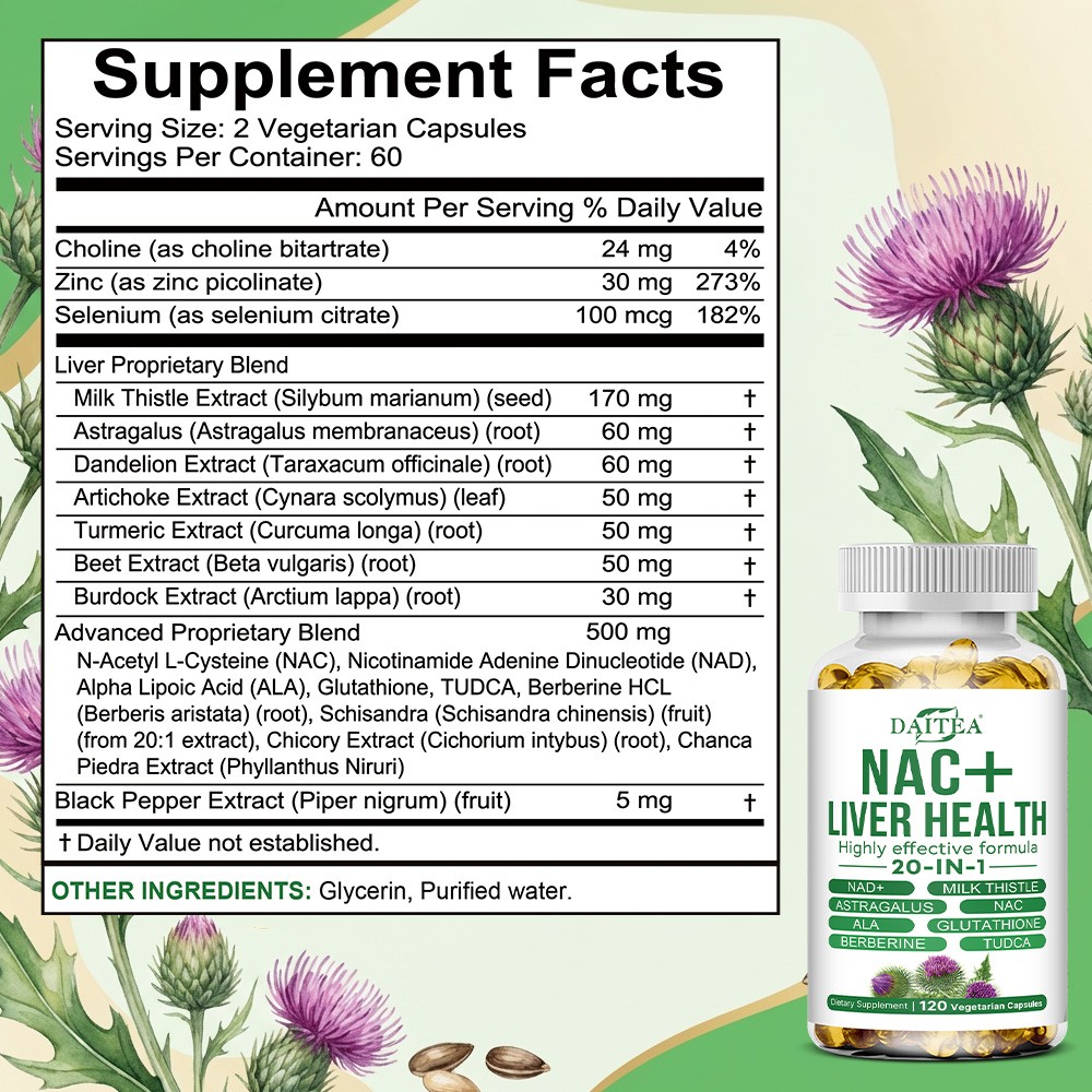NAC+ 20-in-1 Liver Support-Milk Thistl, Glutathione for Liver Health 30~120Caps