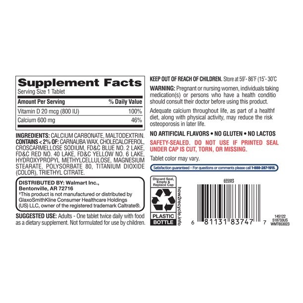 Equate Calcium + D3 Tablets Dietary Supplement, 600 mg, 120 Count