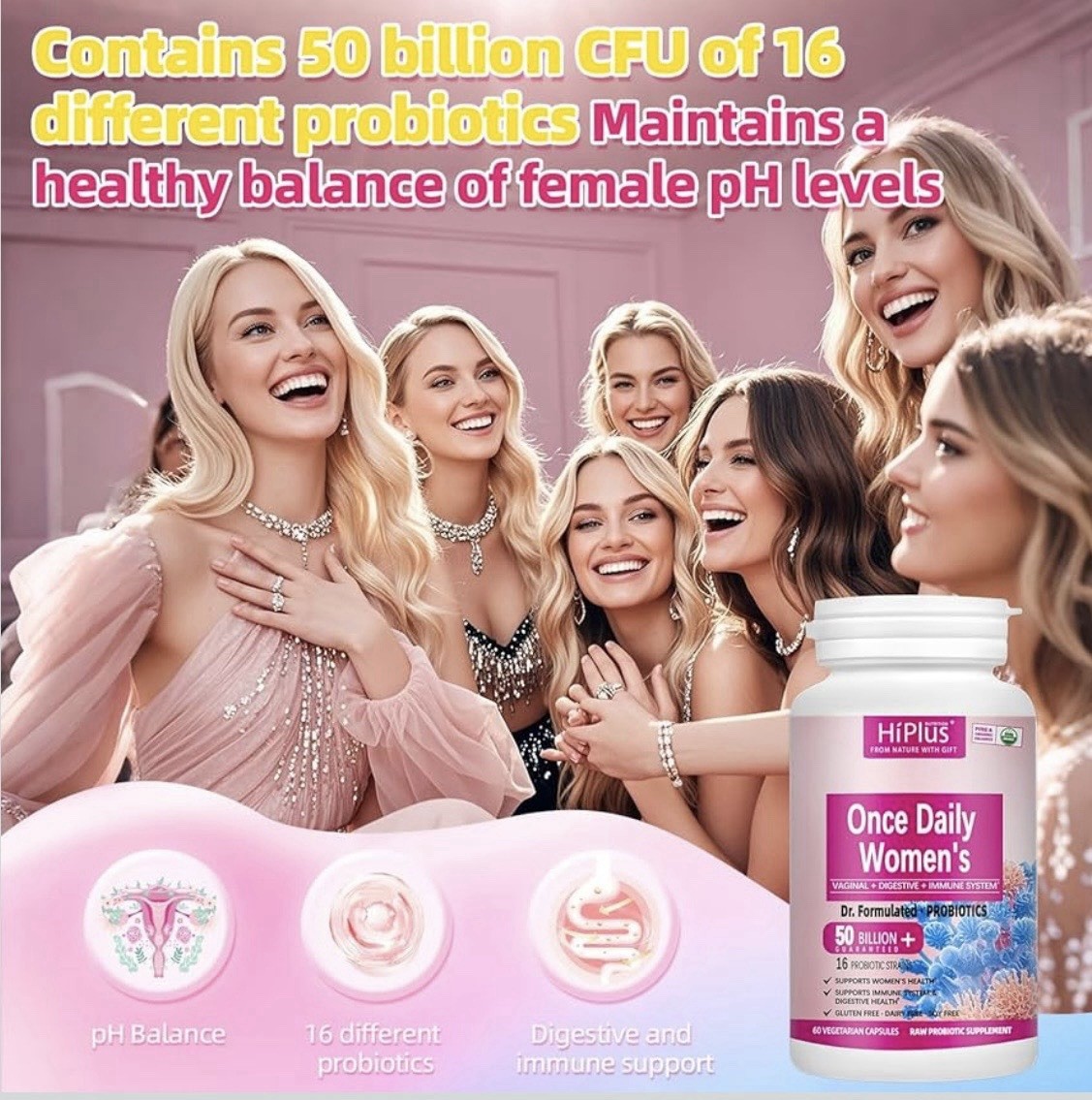 HiPlus Women’s Probiotic 50 Billion CFU 16 Strains Vegetarian Capsules 60 Count