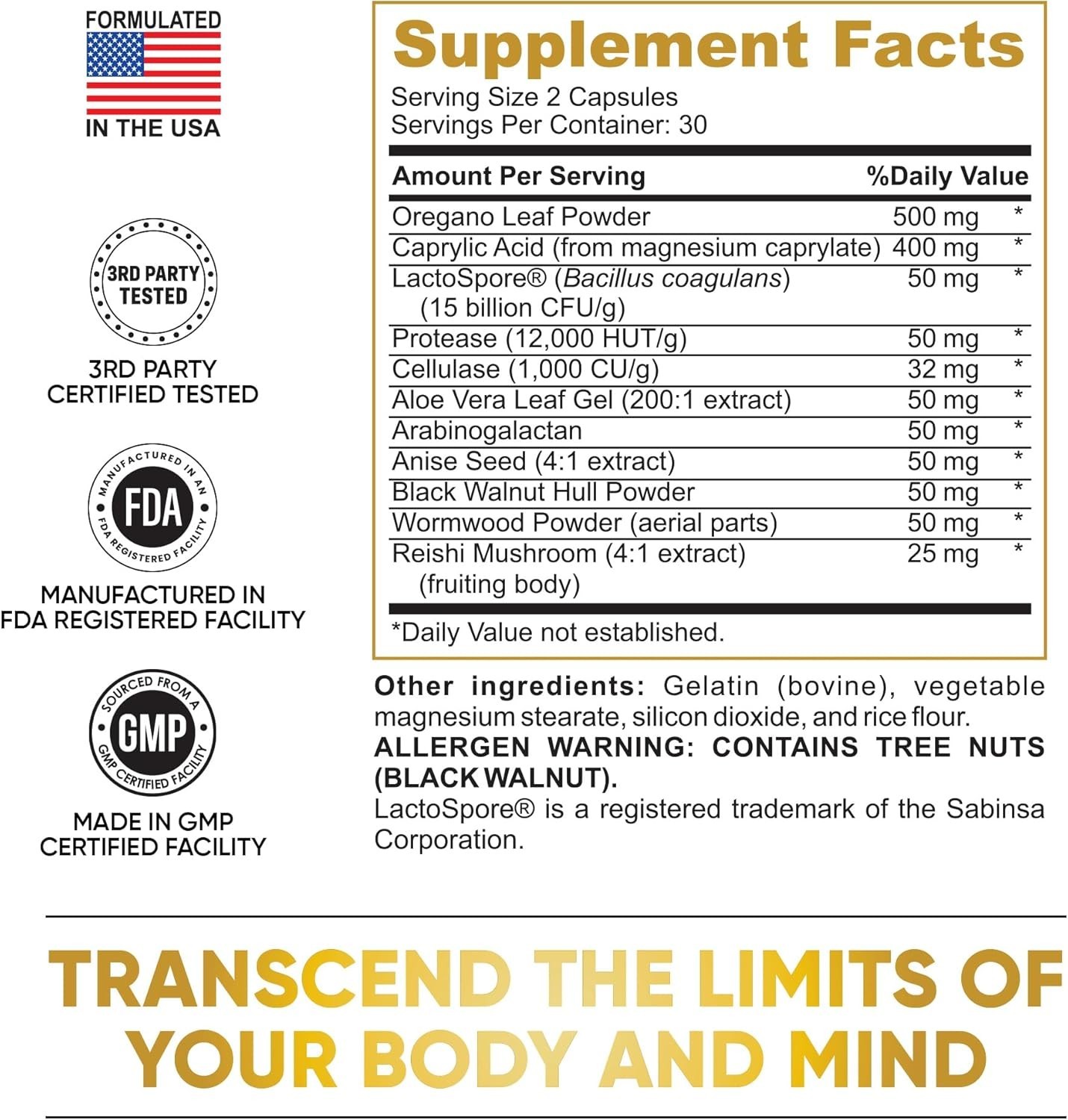 USPS Herbal Candida Detox Gut Support Caprylic Acid Oregano Wormwood Black Walnu