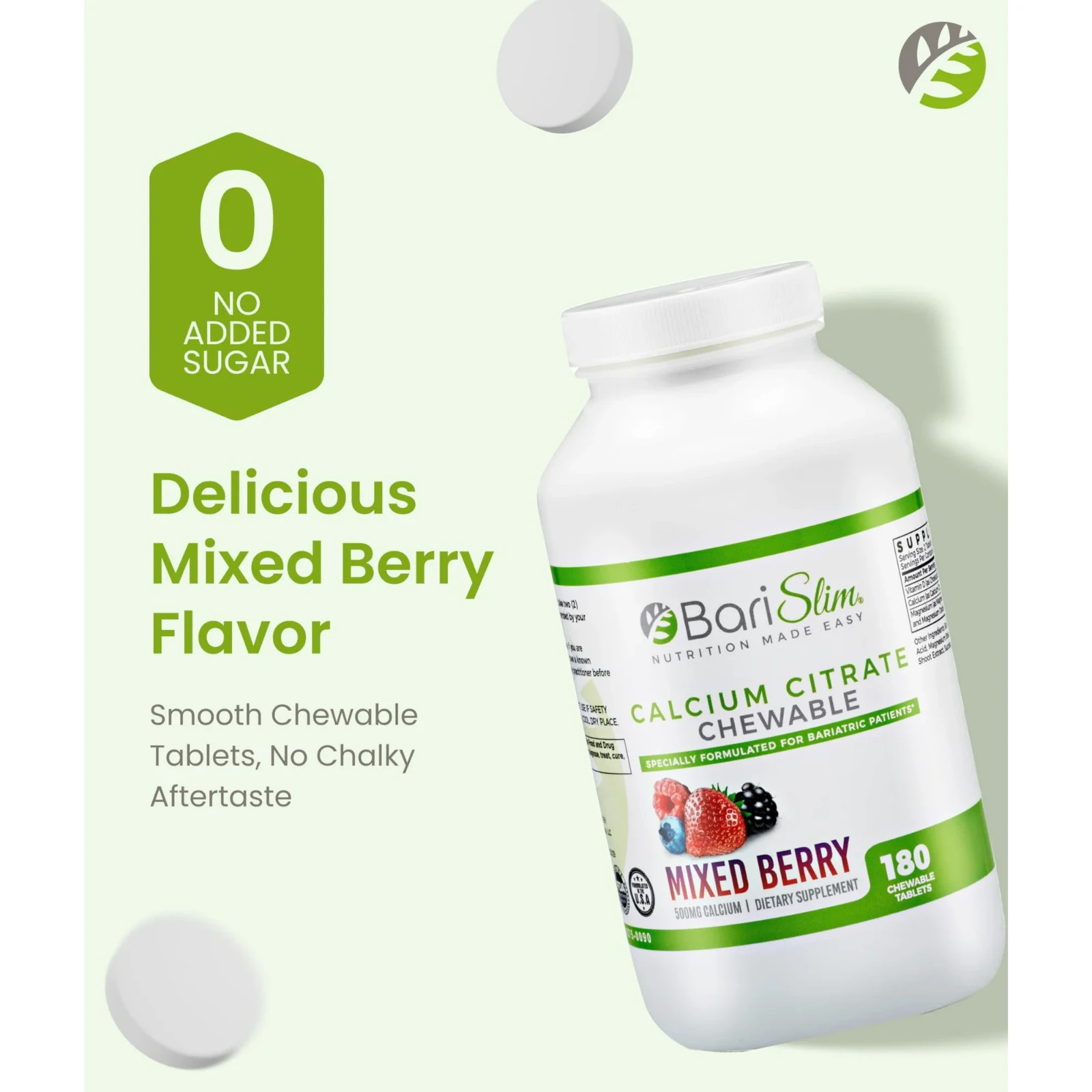 BariSlim Calcium Citrate Chewable Tablet Dietary Supplement, Mixed Berry – 180ct