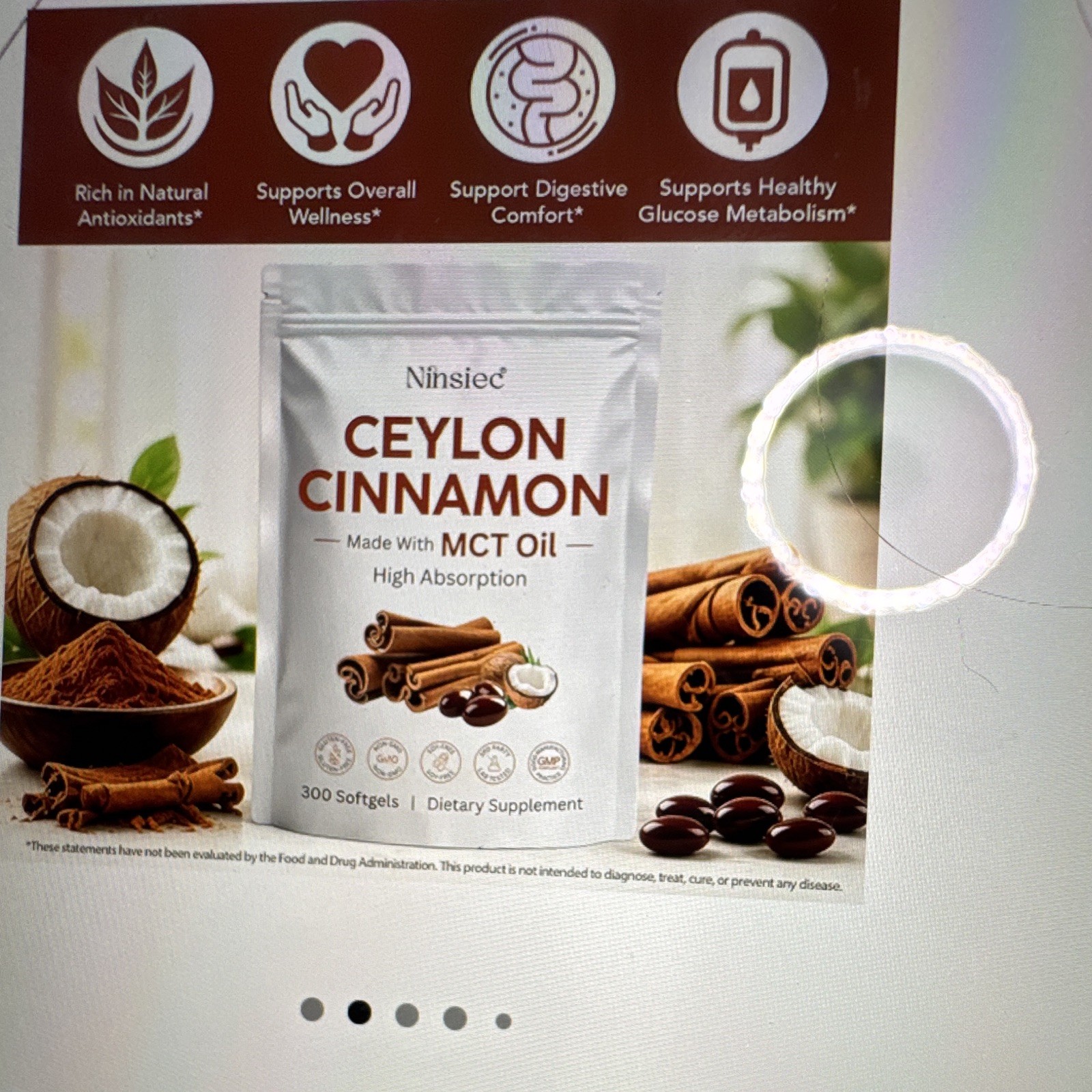 Ninsiec Ceylon Cinnamon Extract + MCT Oil Softgels 300 Antioxidant Non-GMO