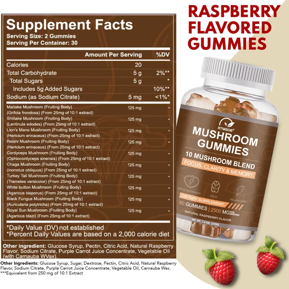 8 in 1 Mushroom Gummies Complex Ashwagandha & Lions Mane Reishi, Cordyceps…