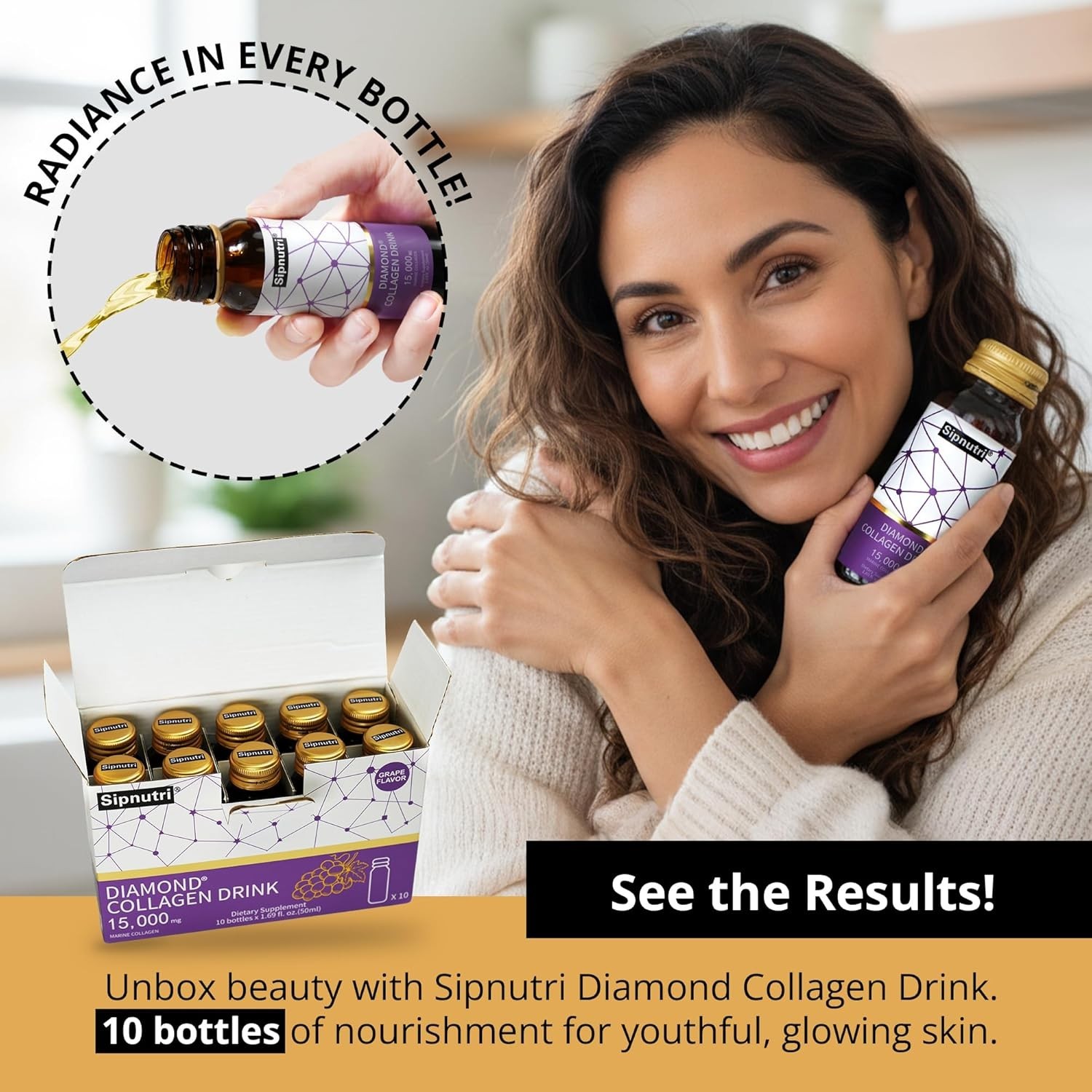 Diamond Marine Collagen Drink – 15,000mg – Grape Flavor – 10 Bottles 1.69 fl oz