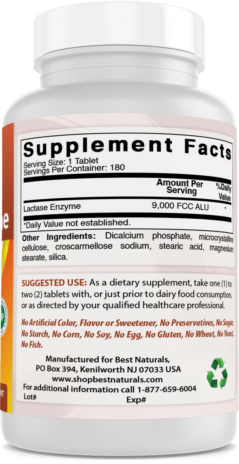 Best Naturals Lactase Enzyme 9000 FCC 180 Tablets