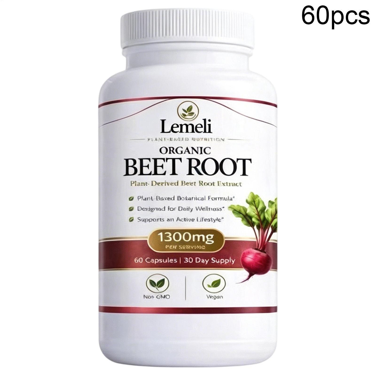 Lemeli Organic Beet Root 1300mg Beet Root Non-GMO 60 Capsules, 30-Day Supply