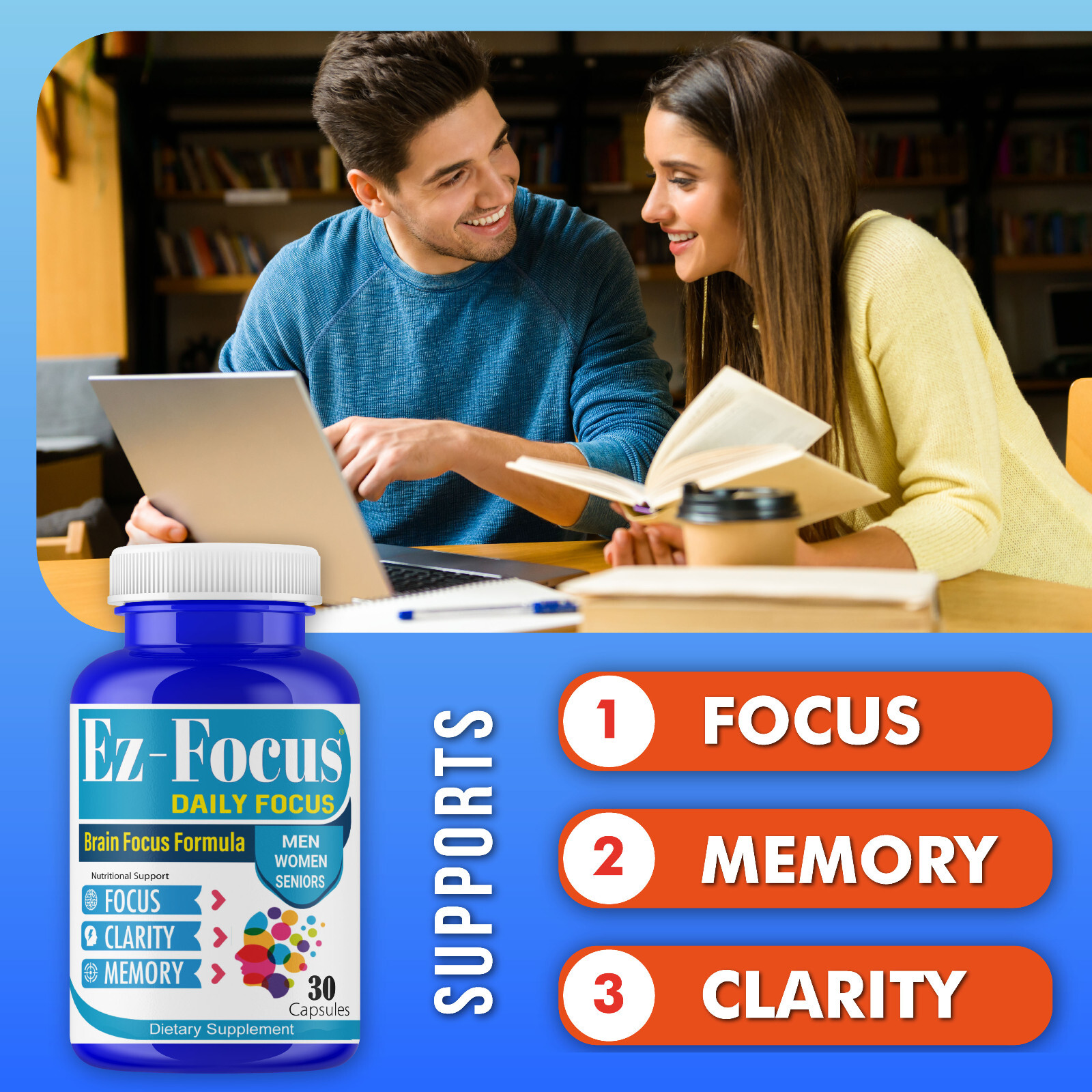 EZ-Focus Brain Booster Supplement & Focus Vitamins for Seniors and Adults 60Caps