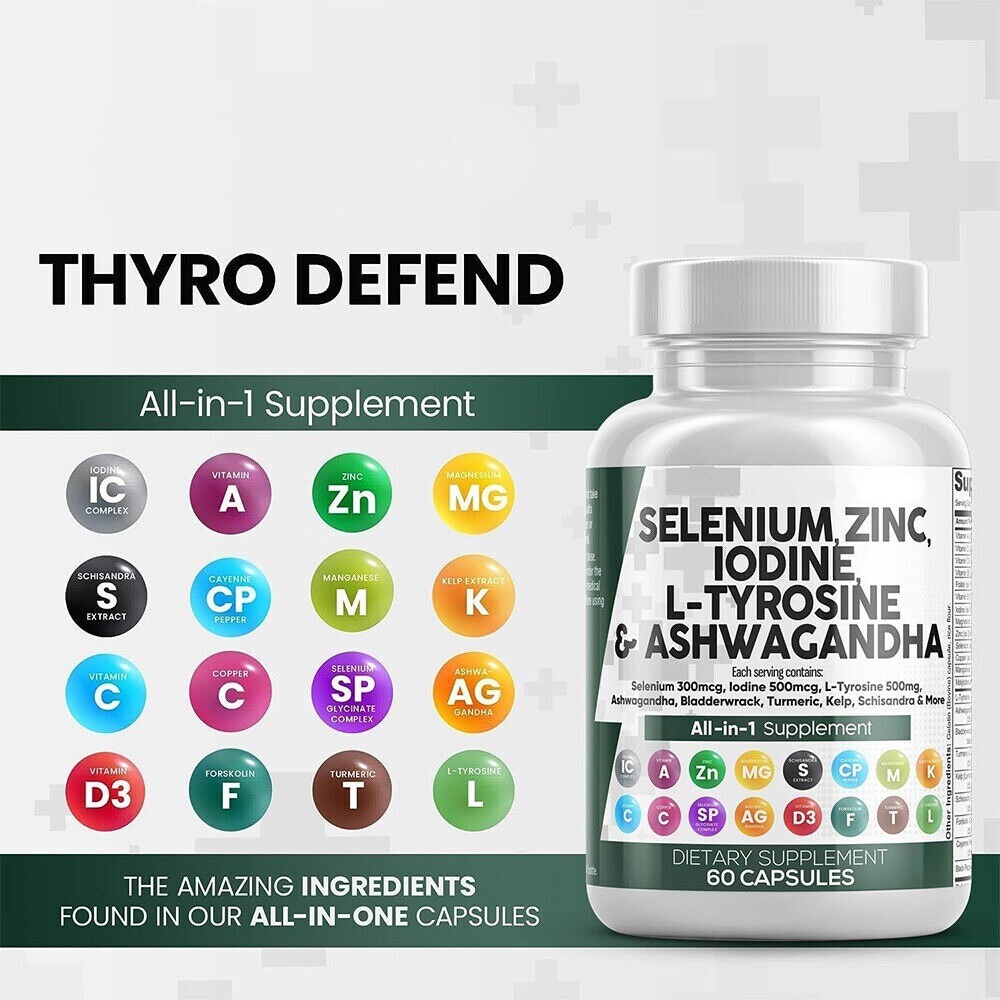 Selenium, Zinc, Iodine L-Tyrosine and Ashwagand All-in-One 60 Capsules