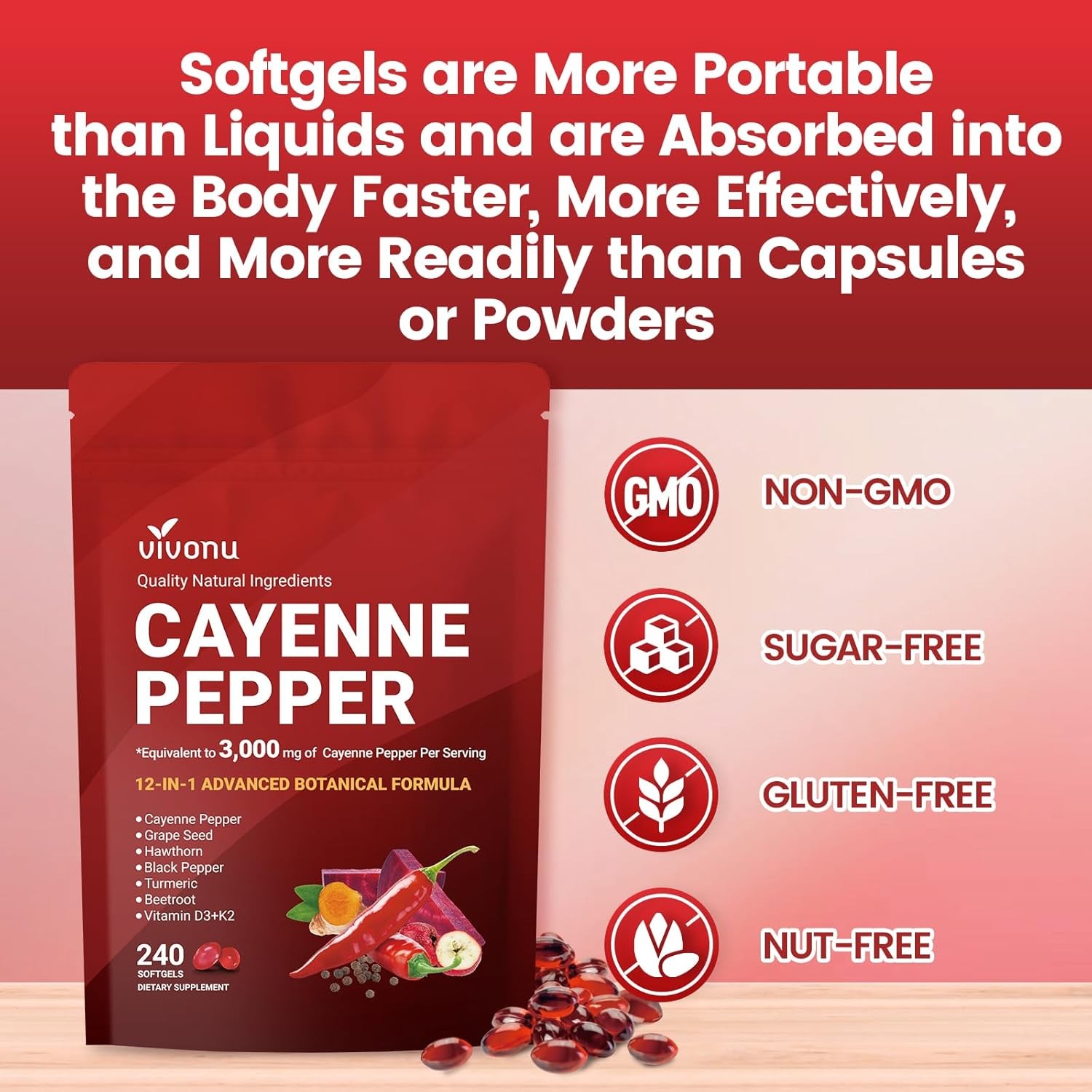 VivoNu Cayenne Pepper Softgels Supplement, Heart and Blood Vessel Health