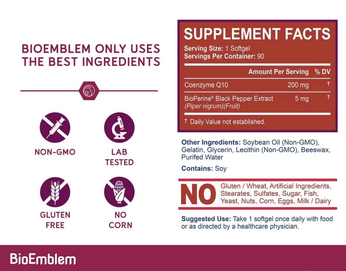BioEmblem CoQ10 200mg Heart Health + BioPerine 90 Softgels Non-GMO Exp 01/2026