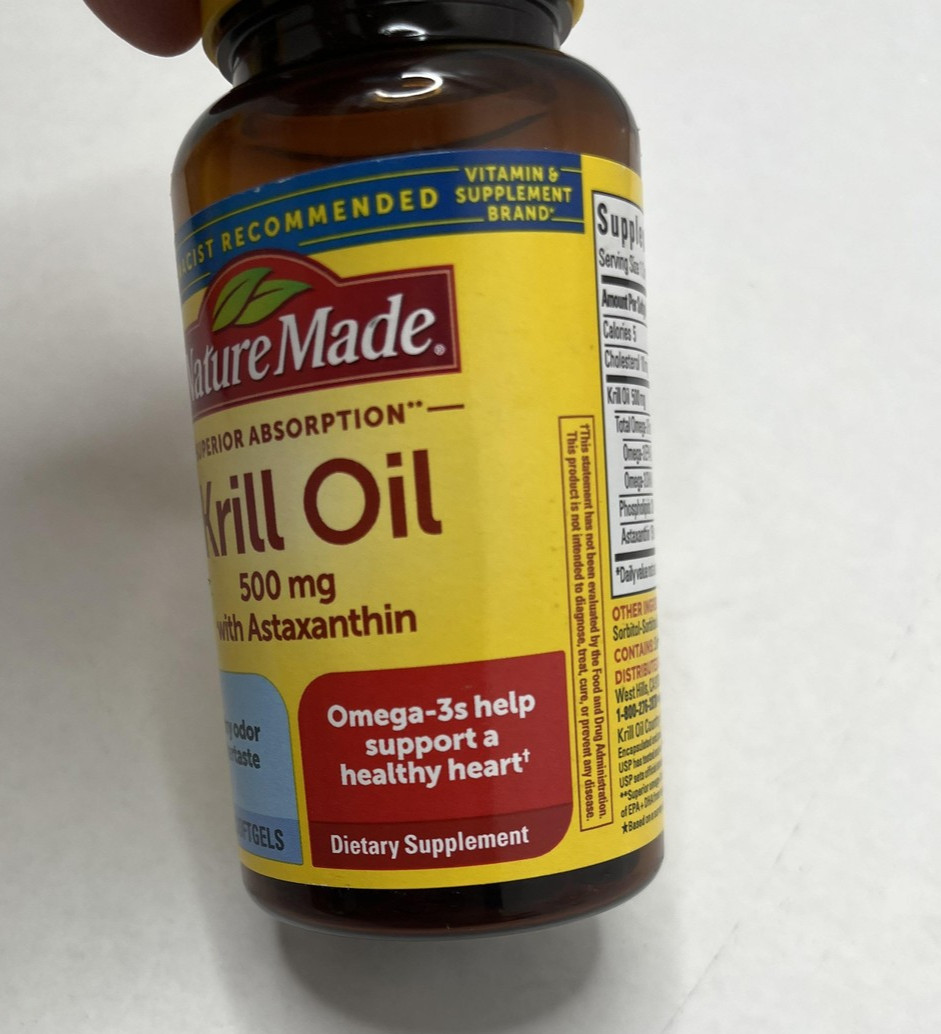 Nature Made LOT/3 Krill Oil 500mg 30 Softgels Exp 1/27 Omega-3 Heart Health