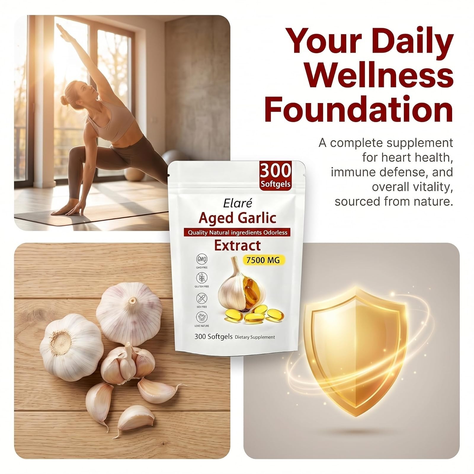 Elare Aged Garlic Extract Softgel Capsules | Heart & Immune Support 300 Count