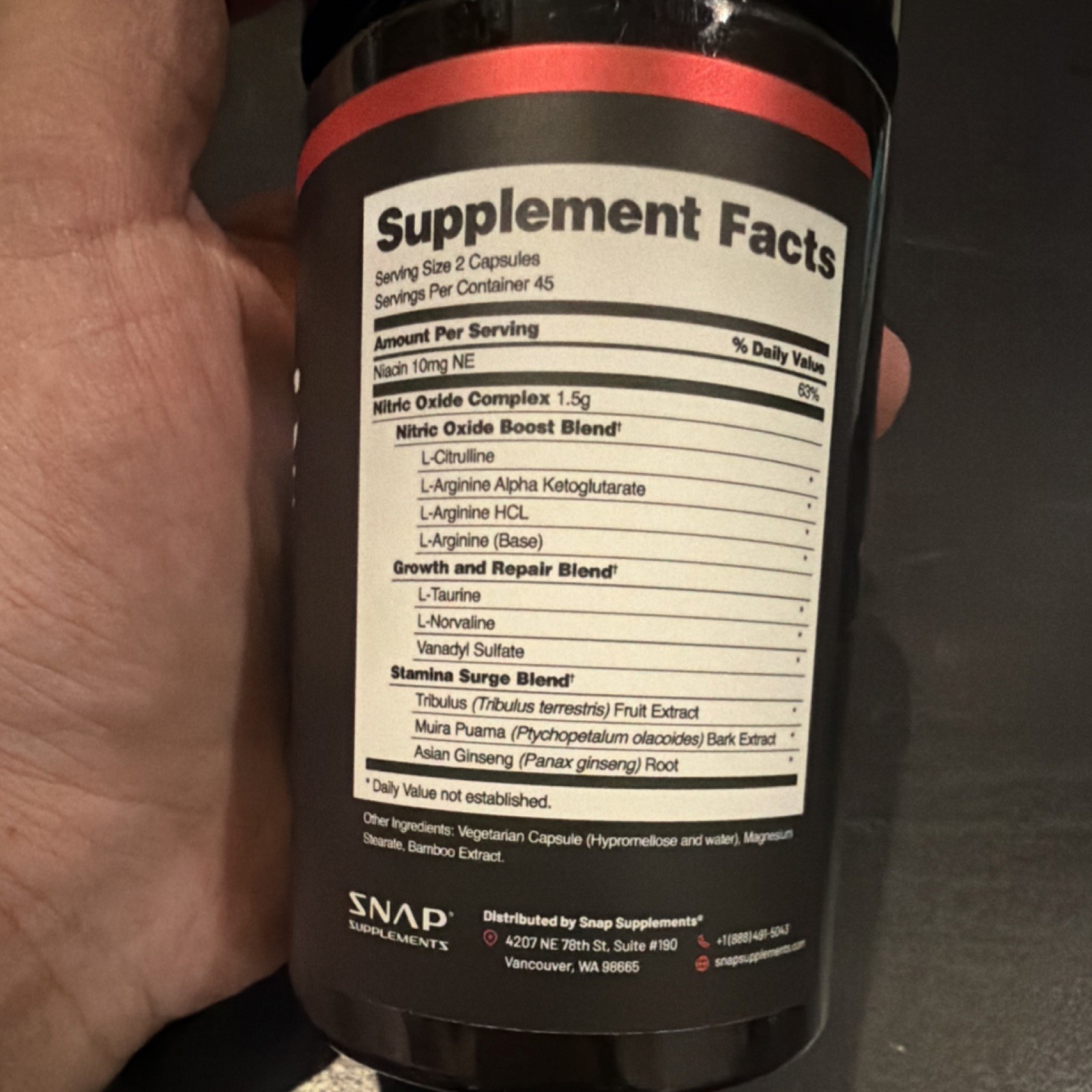 SNAP Nitric Oxide Booster 90 Capsules Vegan Gluten-Free Non-GMO w/ L-Citrulline