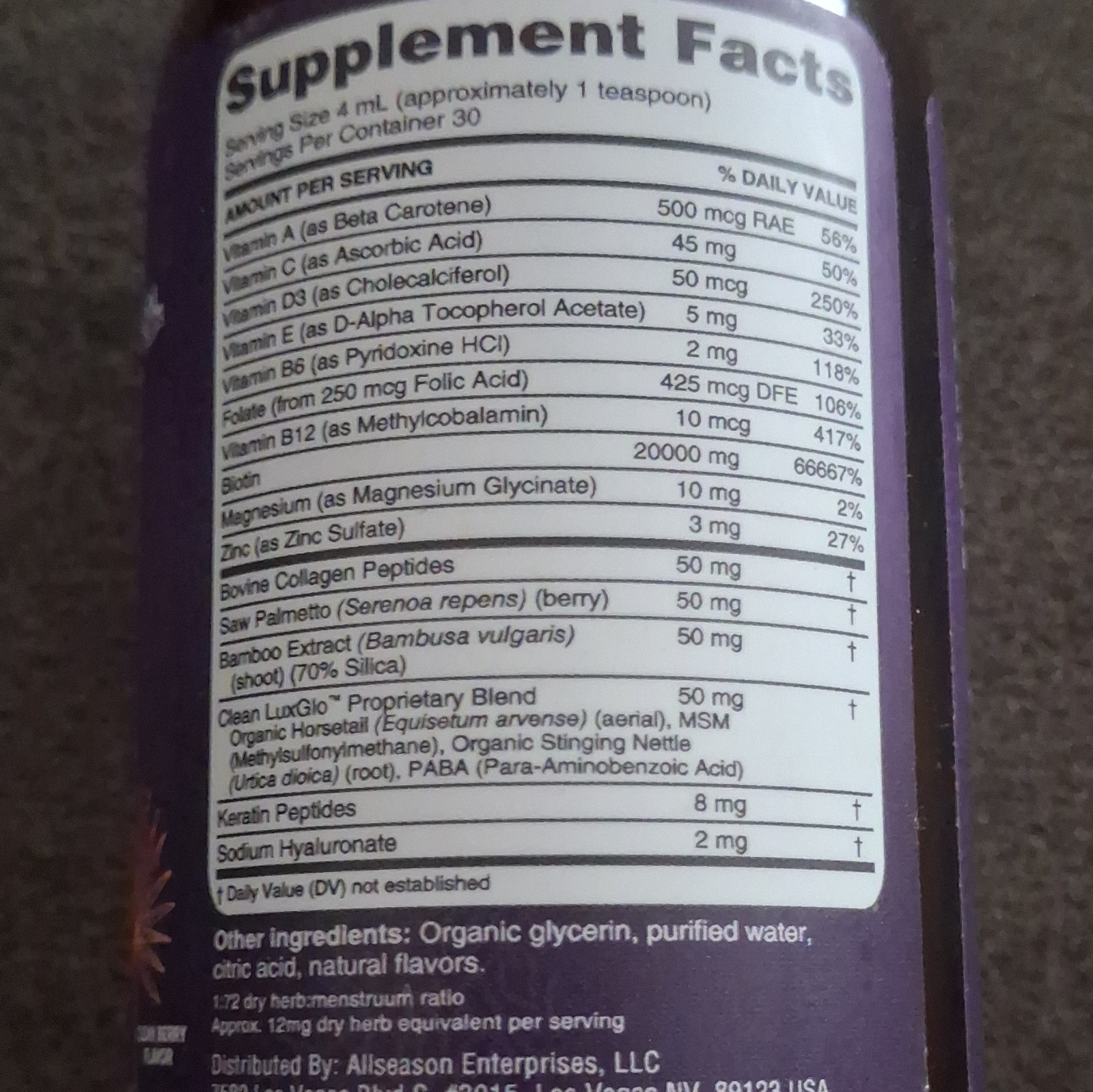 Clean Nutra LuxGlo Liquid Drops Biotin Keratin Collagen Hyaluronic Acid 4oz