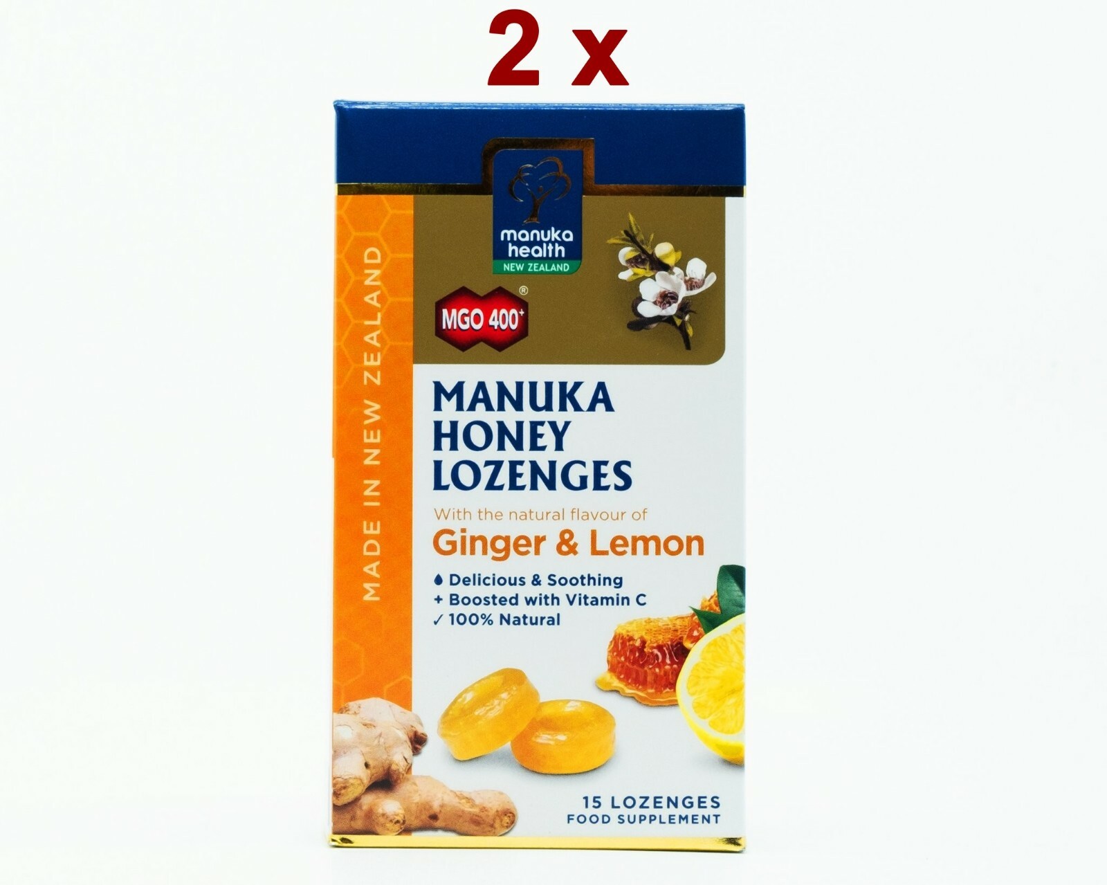2 x Manuka Health Manuka Honey Ginger & Lemon + Vit C 15 Lozenges 100% NATURAL