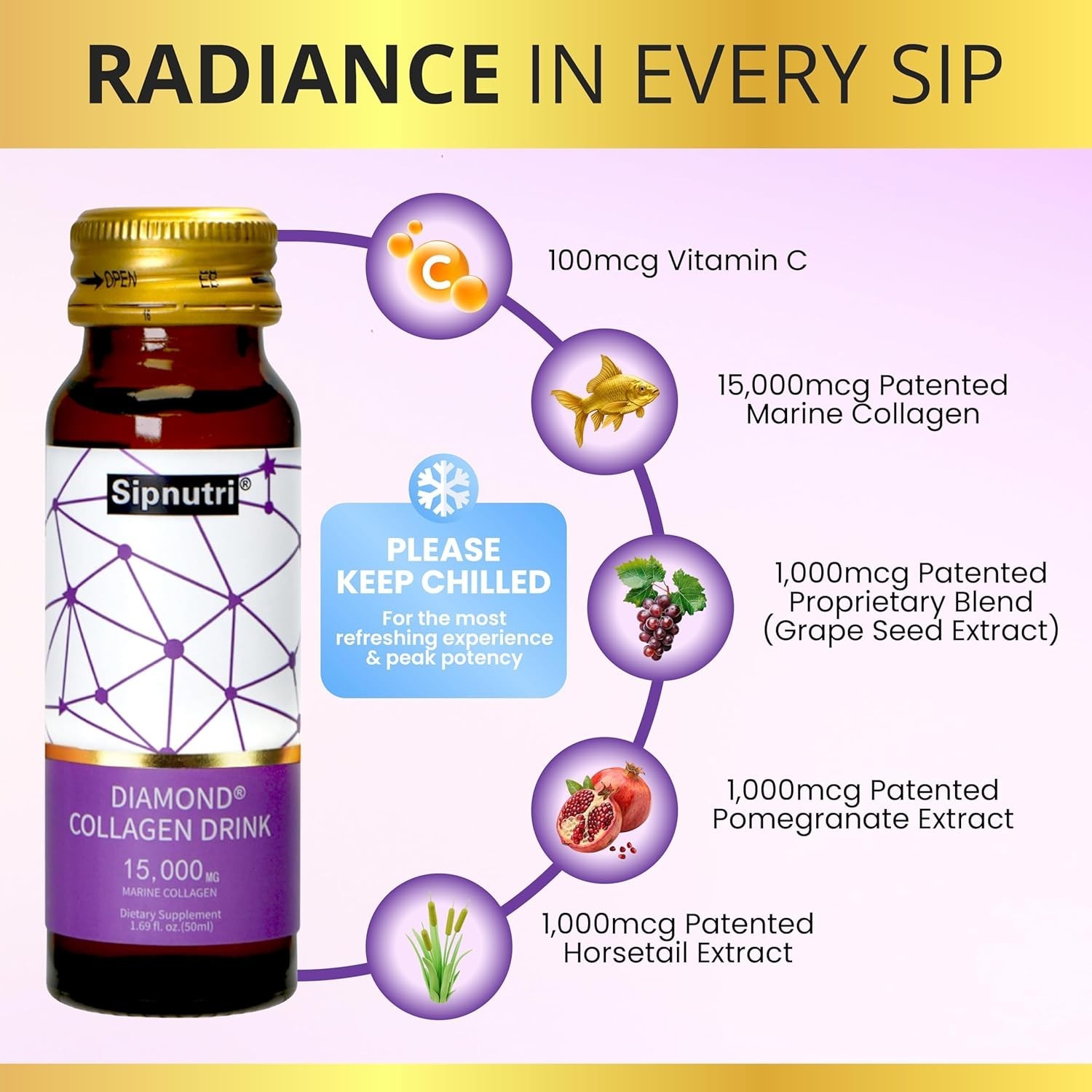 Diamond Marine Collagen Drink – 15,000mg – Grape Flavor – 10 Bottles 1.69 fl oz