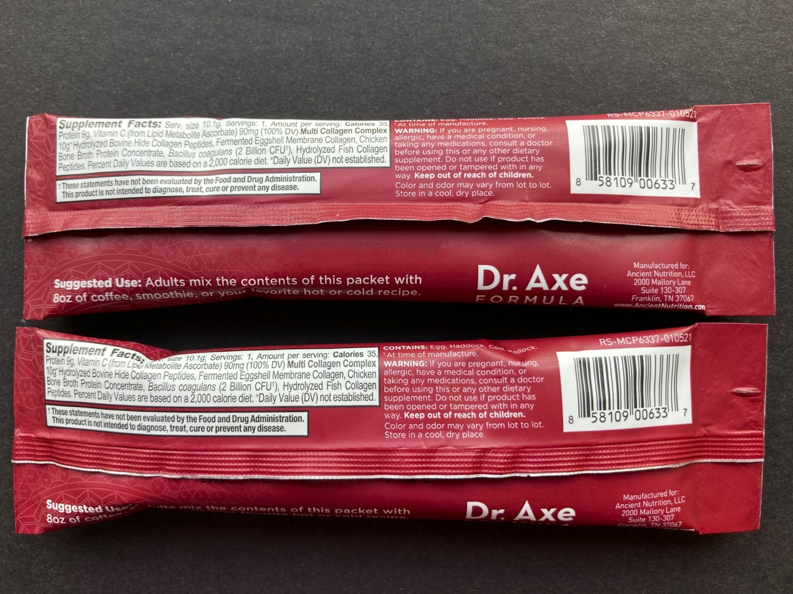 Lot Of 2 Dr. Axe Ancient Nutrition Multi Collagen Protein Single Packets