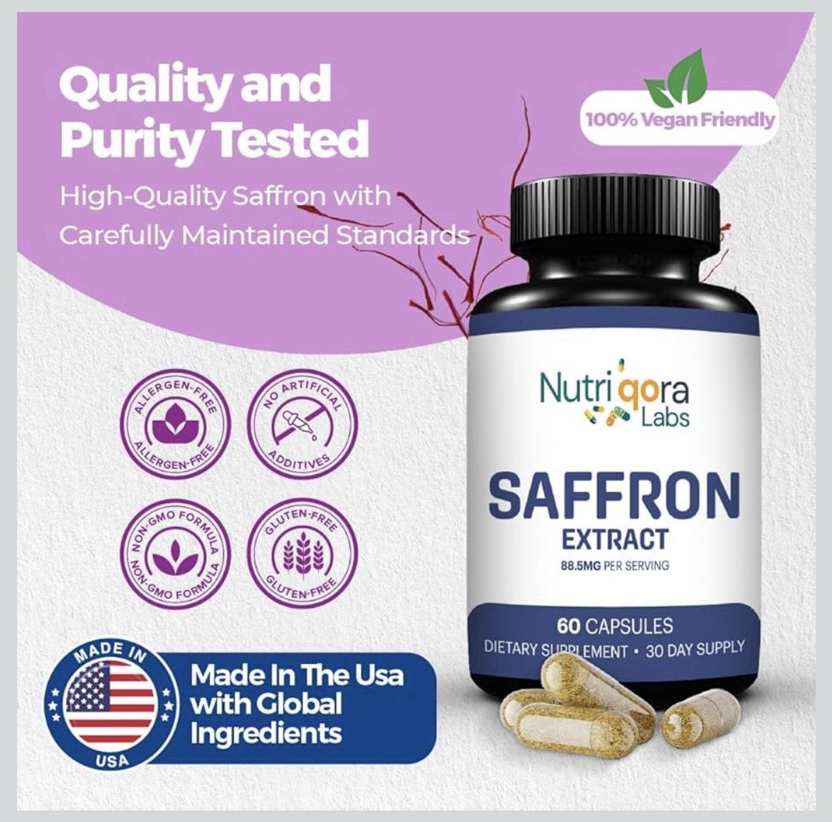 Lot of 3 Saffron Supplements (60 Vegan Capsules | 88.5 mg Each) – Sealed