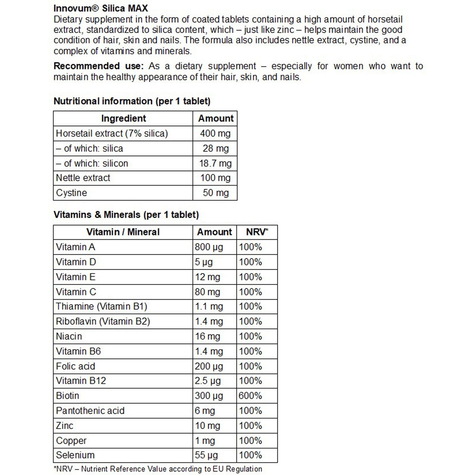 INNOVUM SILICA MAX – 30-240 Tablets – Beautiful hair, healthy skin, strong nails