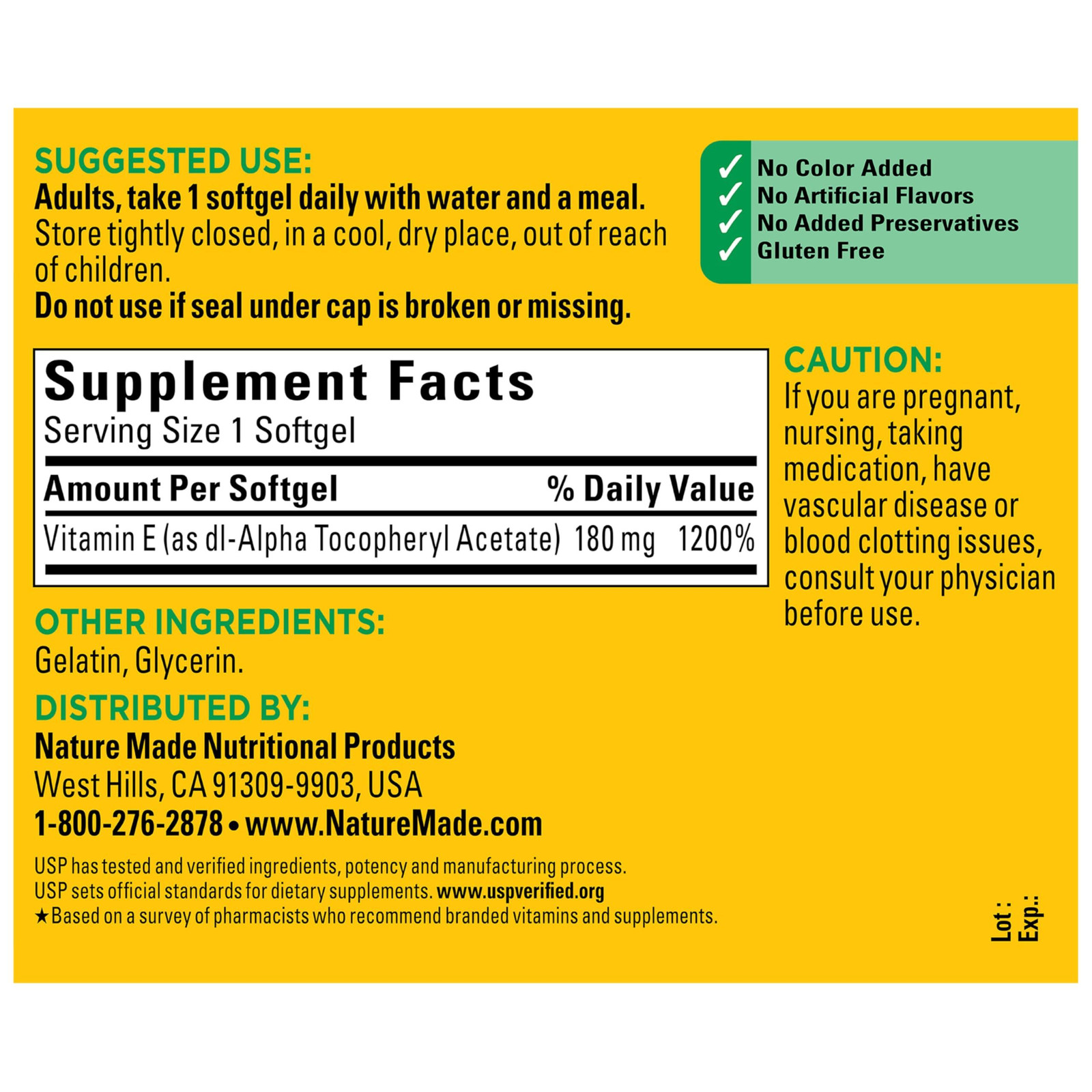 Nature Made Vitamin E 180 mg (400 IU) 180 Count (Pack of 1), 180